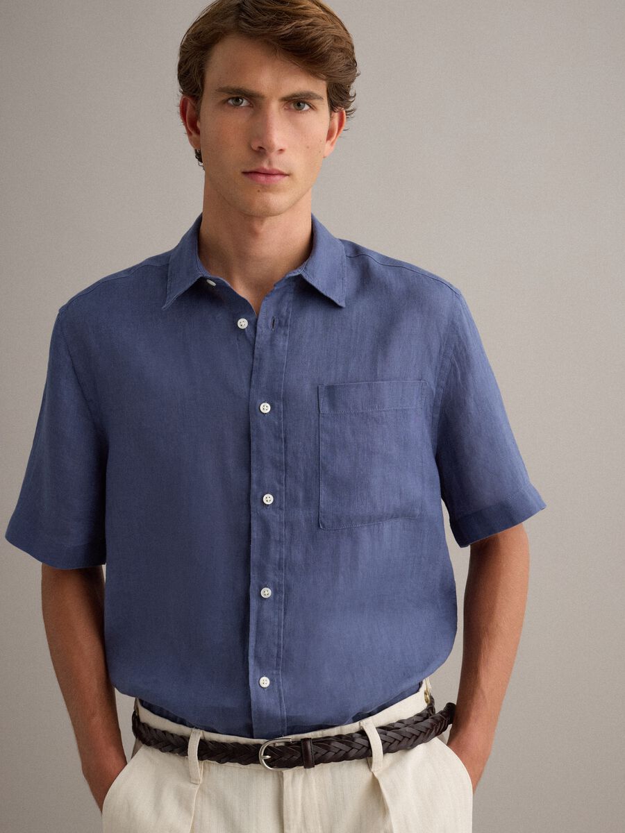Blue Pure Linen Regular Fit Shirt_1