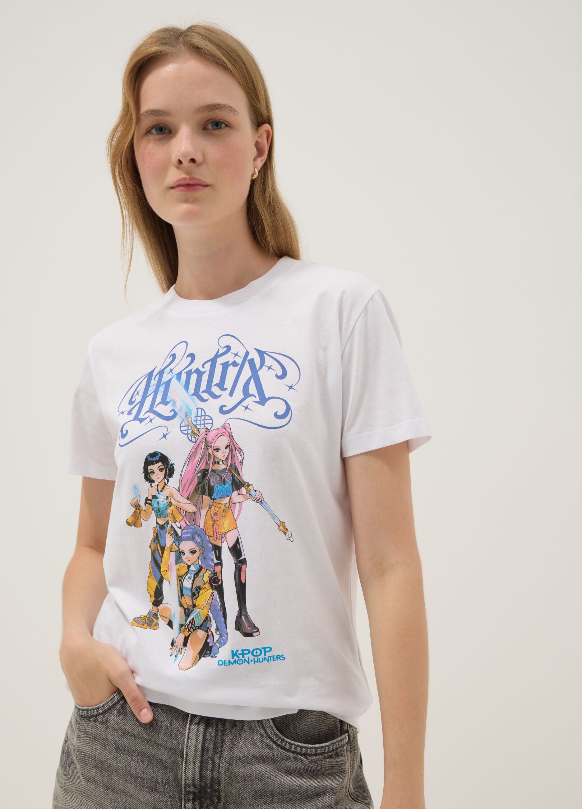 White pure cotton T-shirt regular fit with print