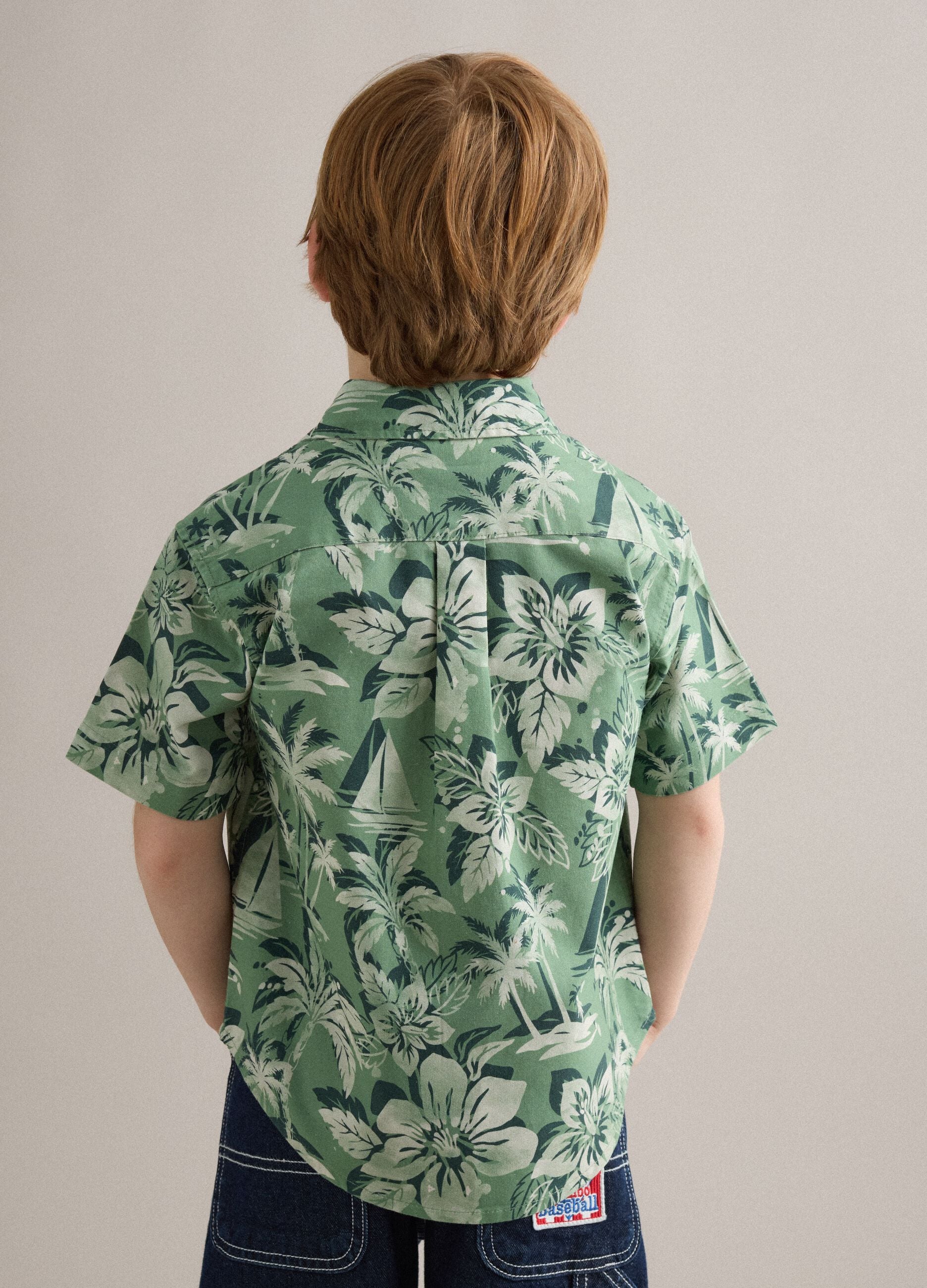 Green pure cotton shirt with tropical print