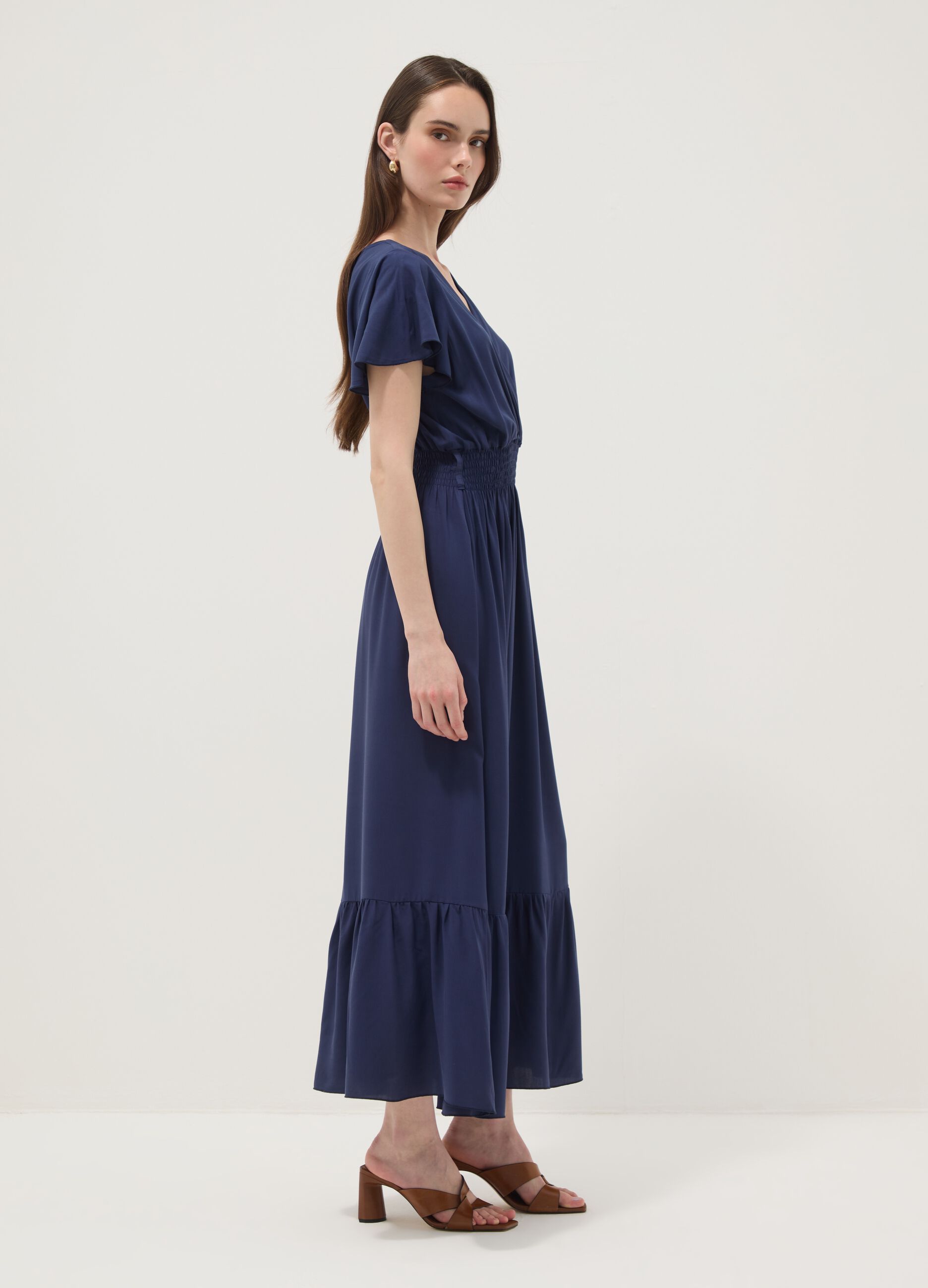 Long blue pure-viscose dress with wrap V-neck, regular fit