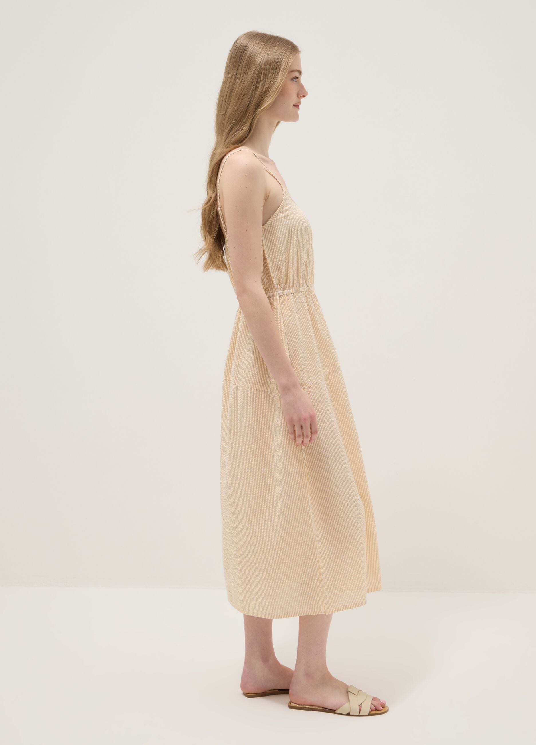 Beige striped pure cotton regular-fit dress with thin straps