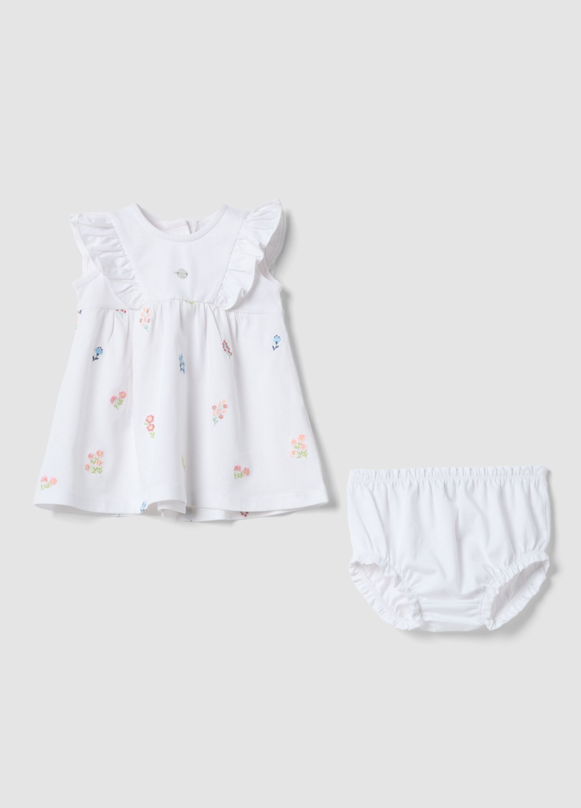 Pure white cotton baby girl set with embroidered flowers