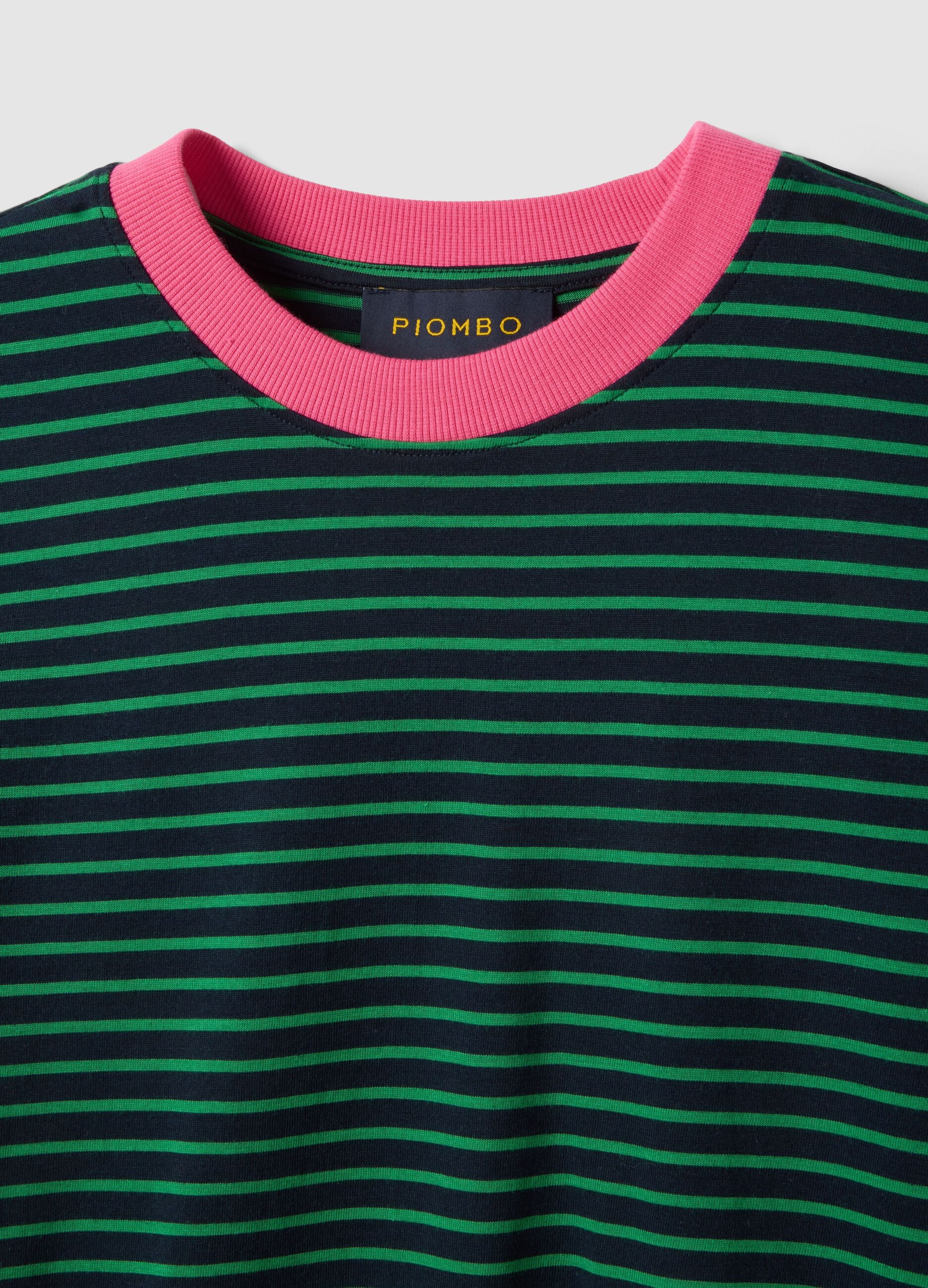 Green striped pure cotton regular fit T-shirt