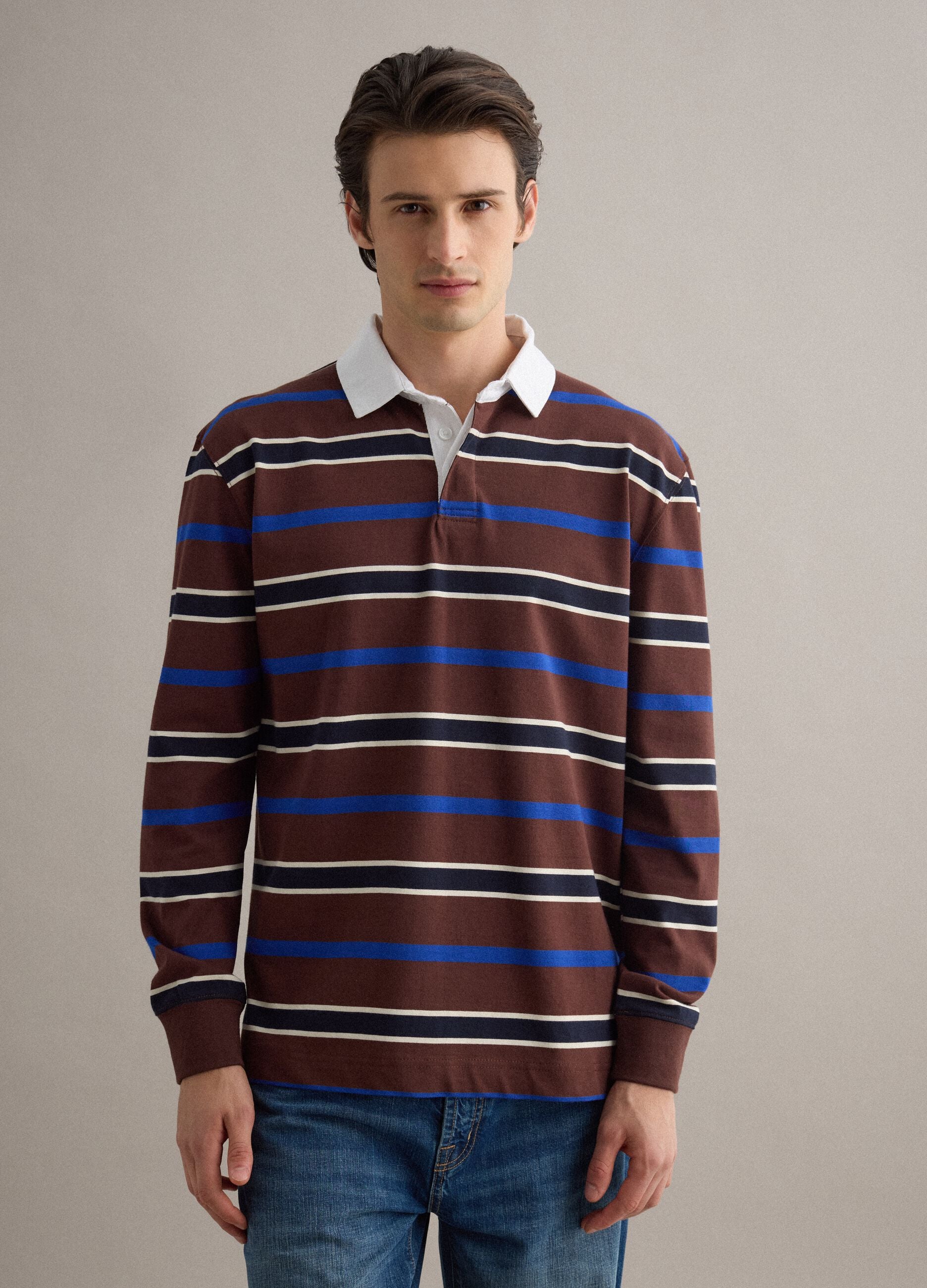 Multicolour striped long-sleeve polo in pure cotton, regular fit