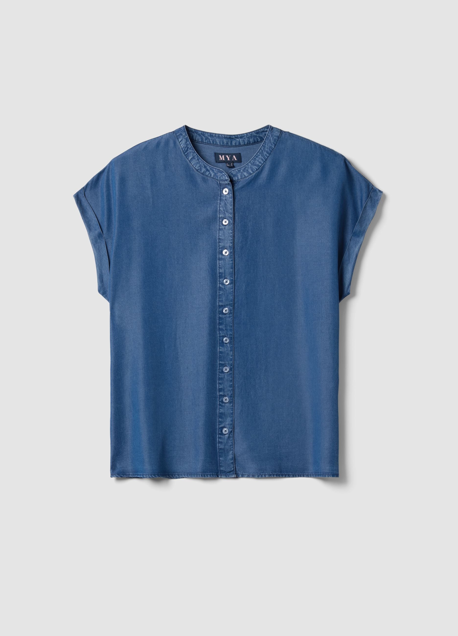 Pure Blue Lyocell Blouse Regular Fit with Mandarin Collar