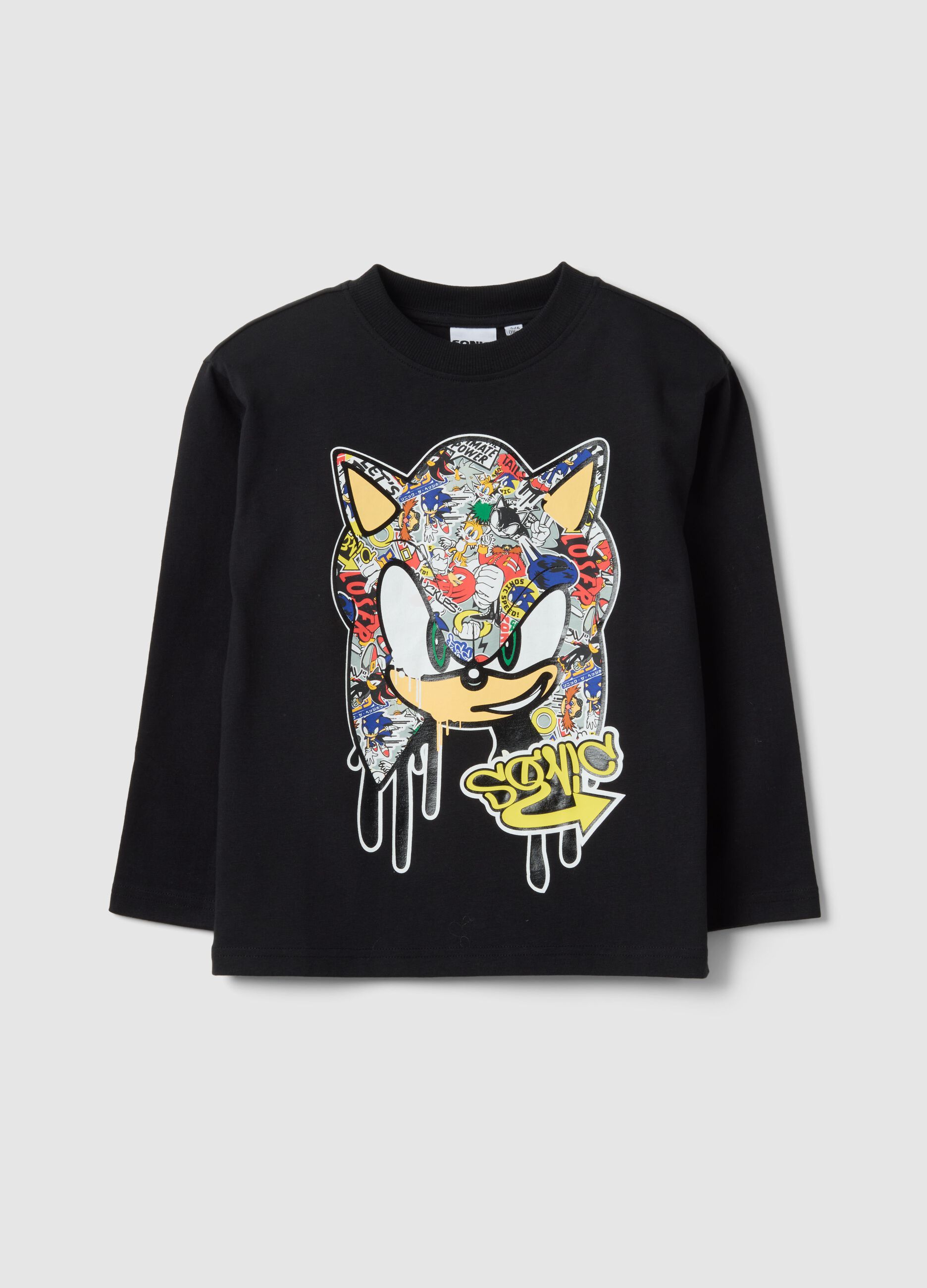 Children's black t-shirt in pure cotton with Sonic print