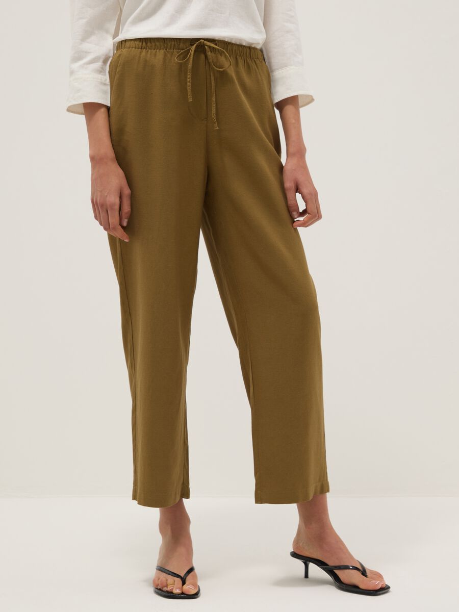 Brown viscose-linen blend straight-fit trousers with drawstring_1