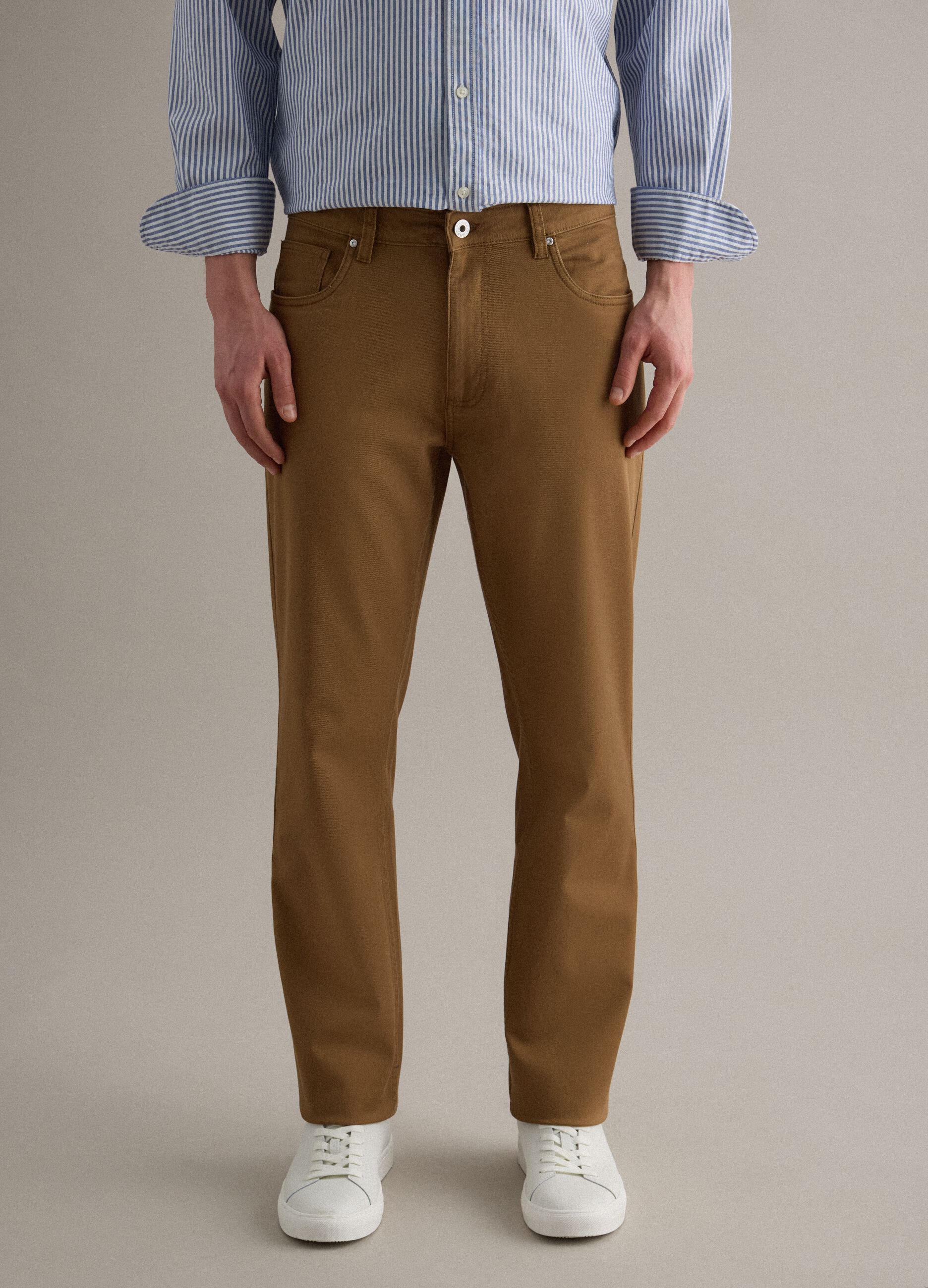 Regular Fit Brown Stretch Twill Trousers