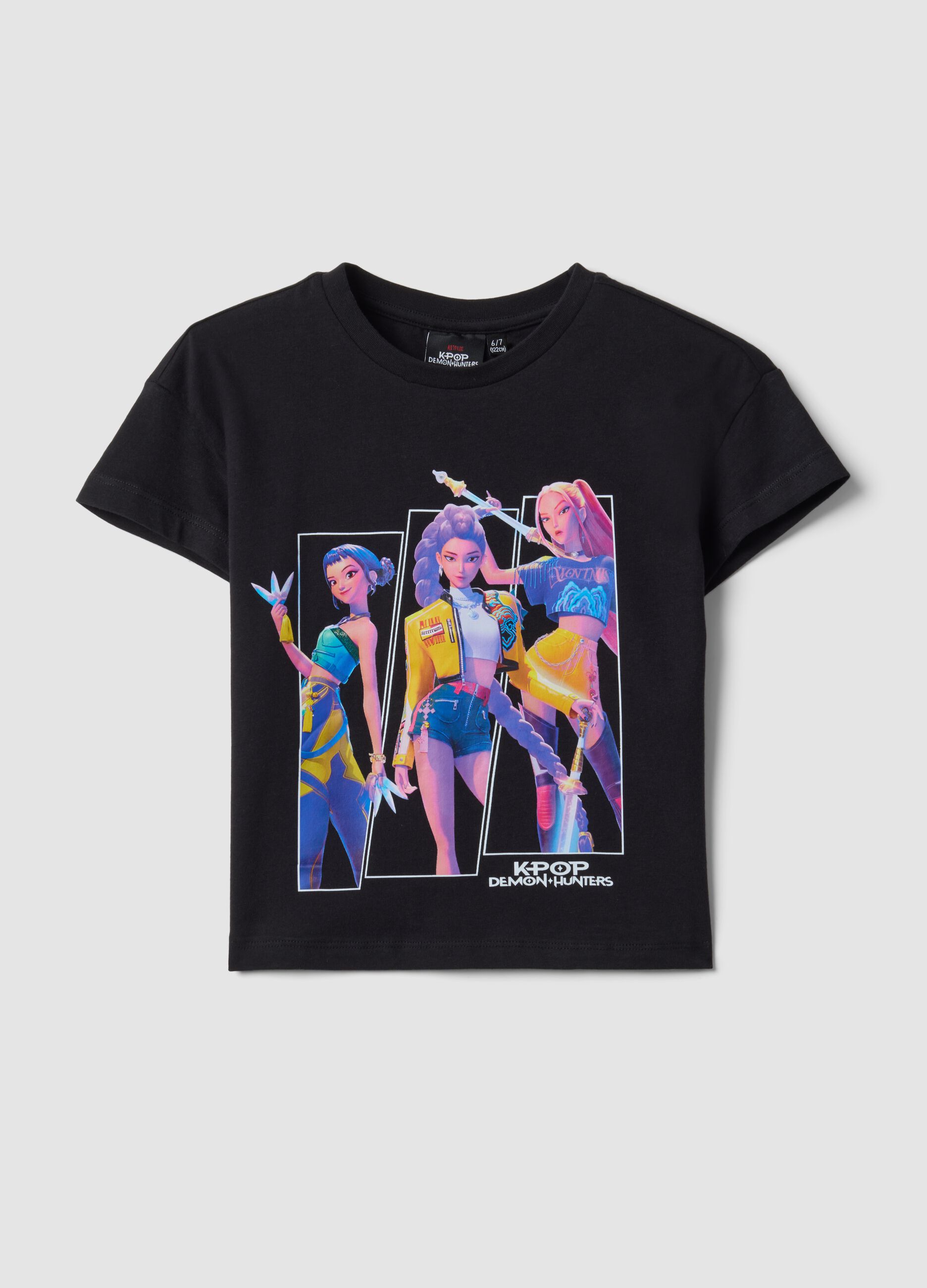 Black pure cotton T-shirt with K-Pop Demon Hunters print for girls