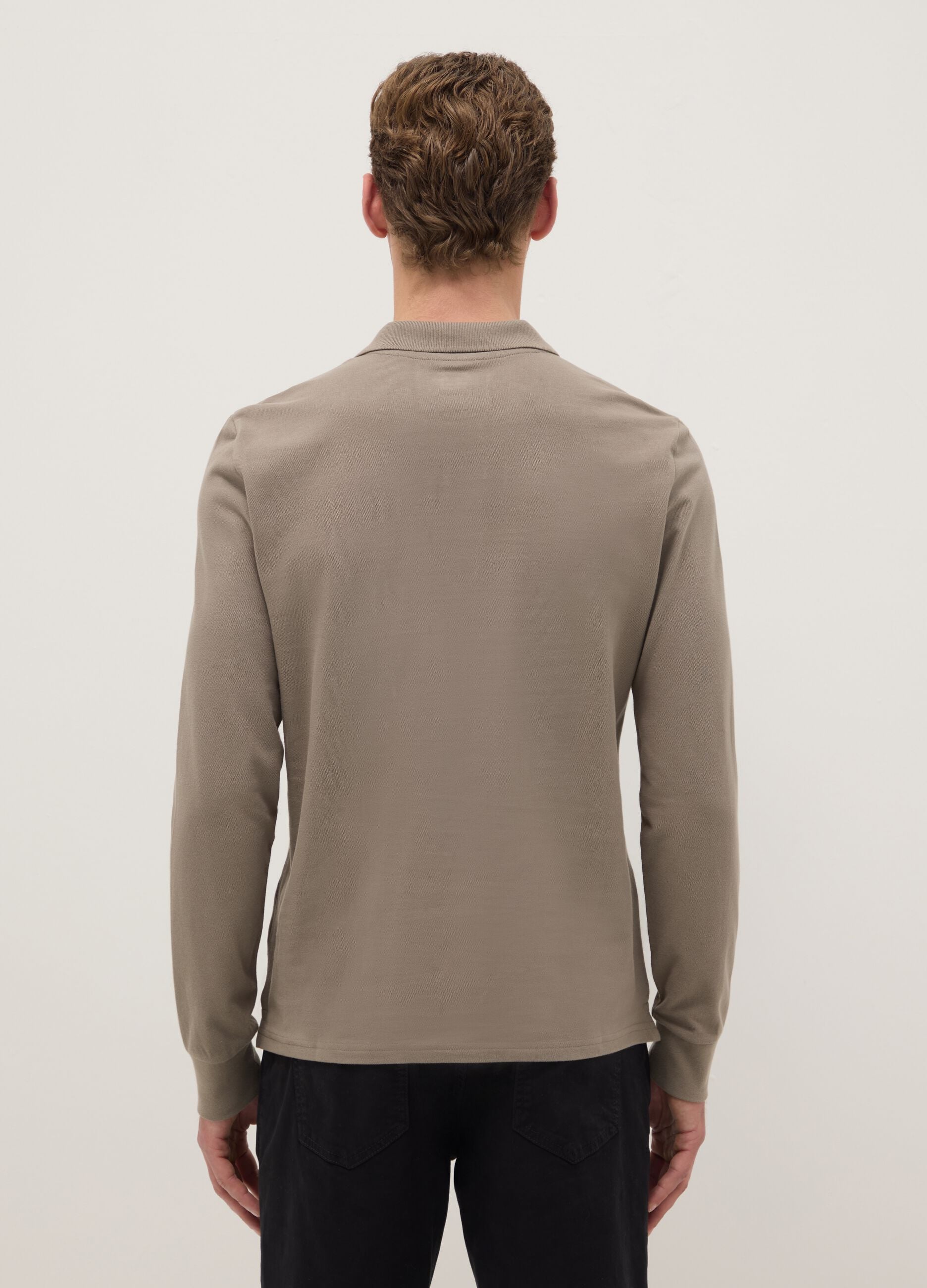 Beige Long Sleeve Polo in Pure Cotton Regular Fit