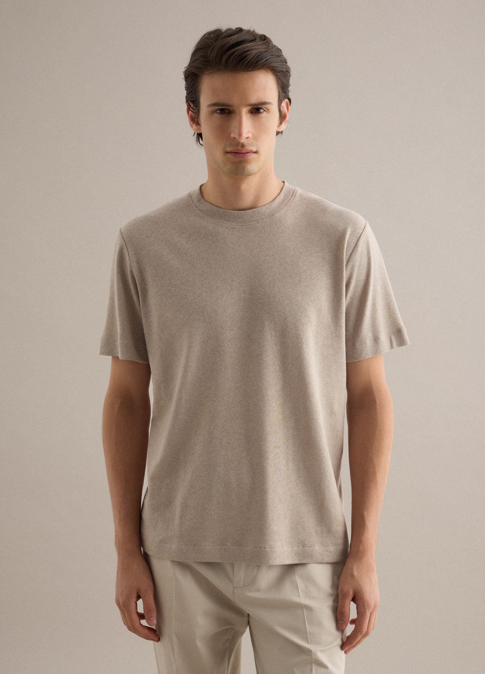 Beige linen-cotton blend regular fit t-shirt