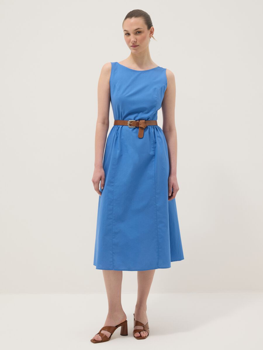 Blue pure cotton dress with boat neckline_0