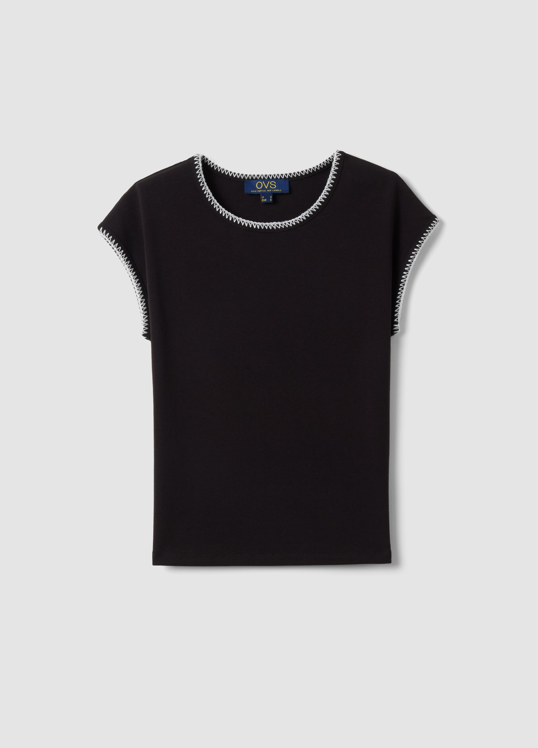 Black stretchy cotton T-shirt regular fit with stitching