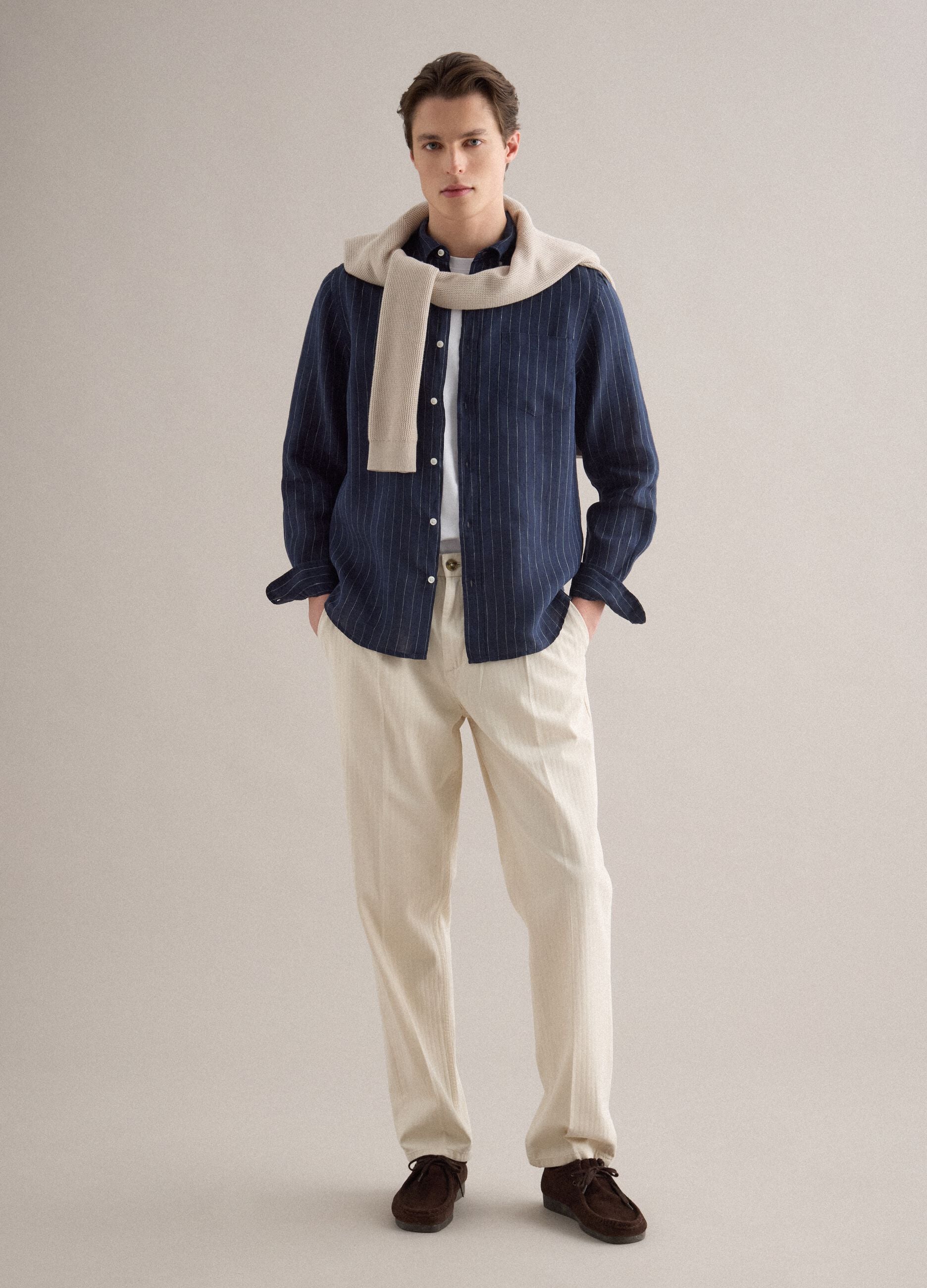 Blue stripe regular fit pure linen shirt