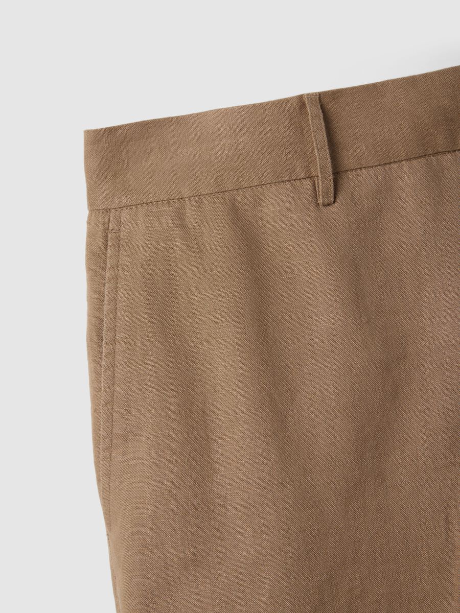 Regular Fit Brown Pure Linen Bermuda Shorts_5