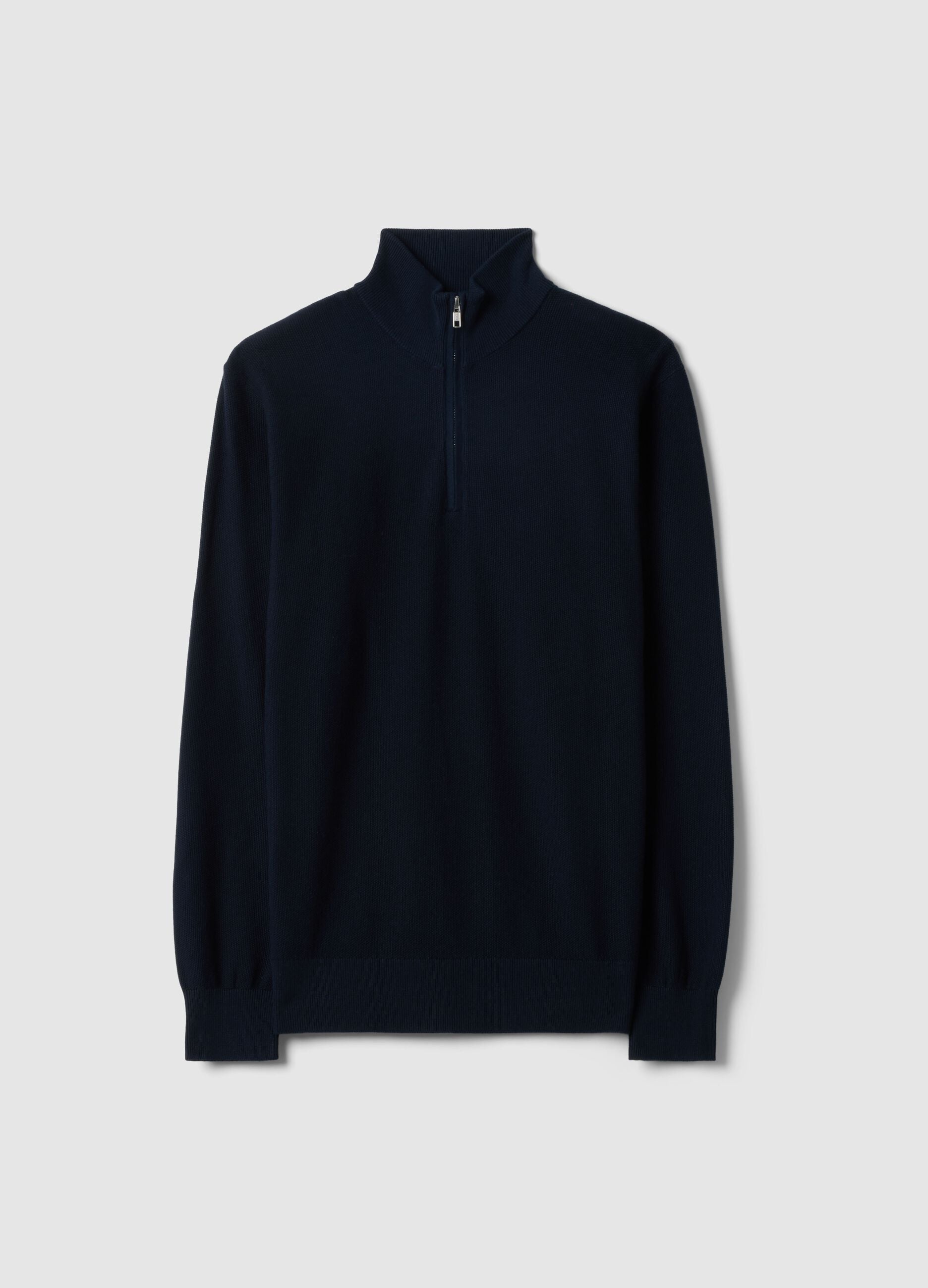 Pure cotton blue regular fit sweater with high neck and zip