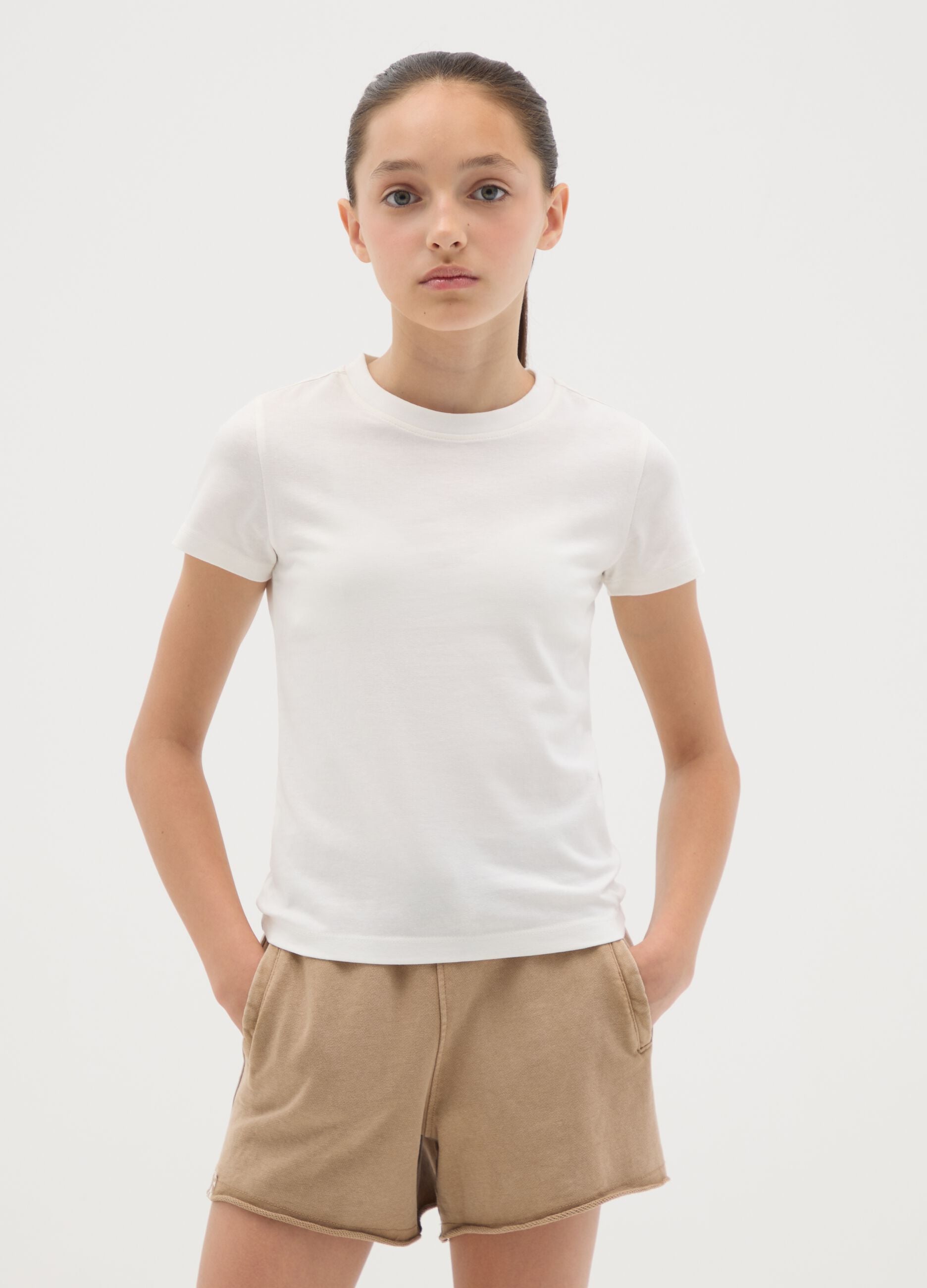 Girls&rsquo; white fitted T-shirt in stretch cotton