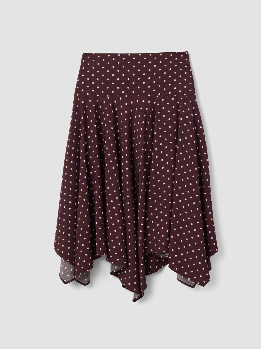 Brown polka-dot skirt in a viscose-blend with an asymmetric hem_0