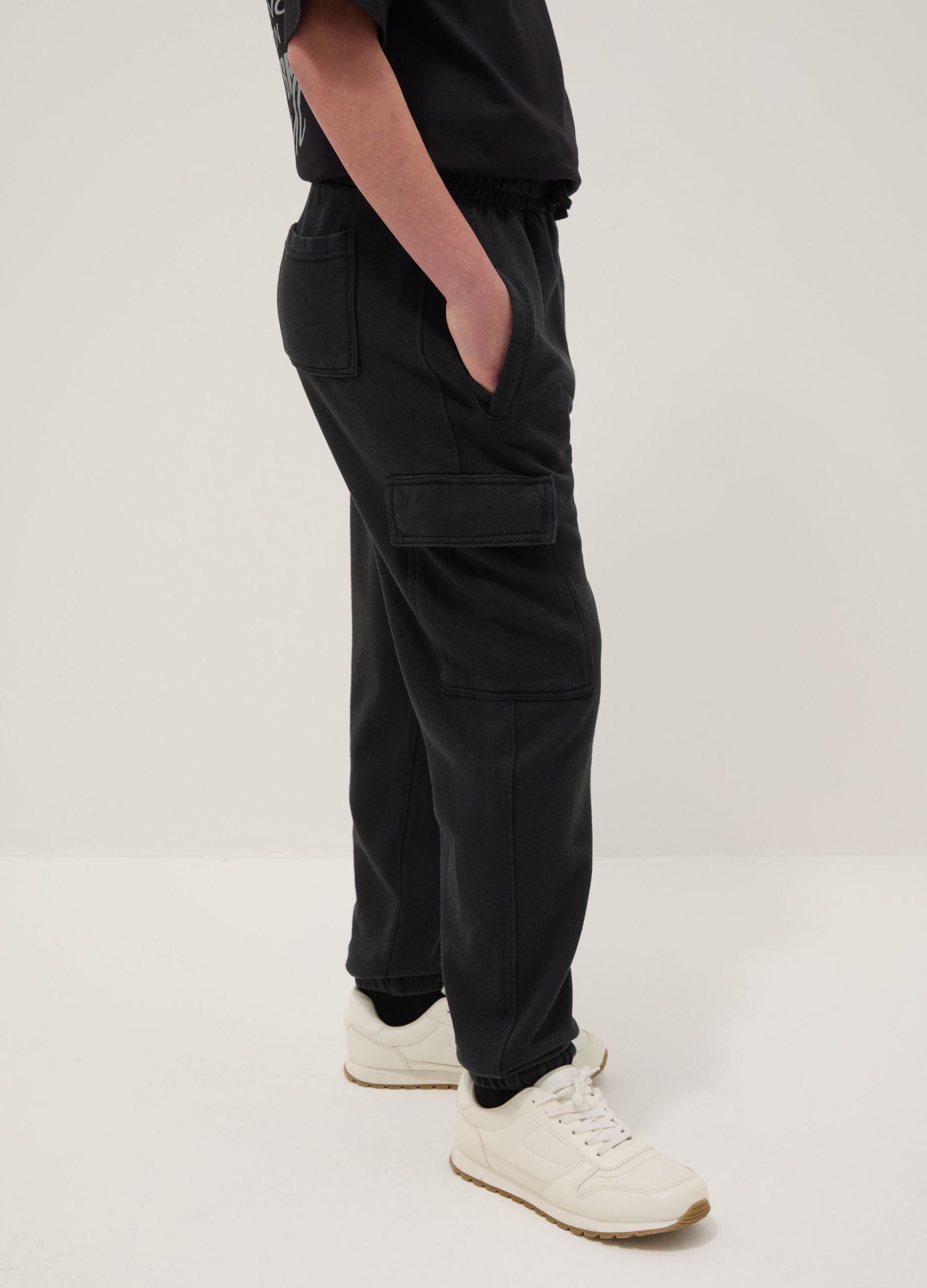 Boys' Regular Fit Black Cotton Blend Cargo Jogger Trousers