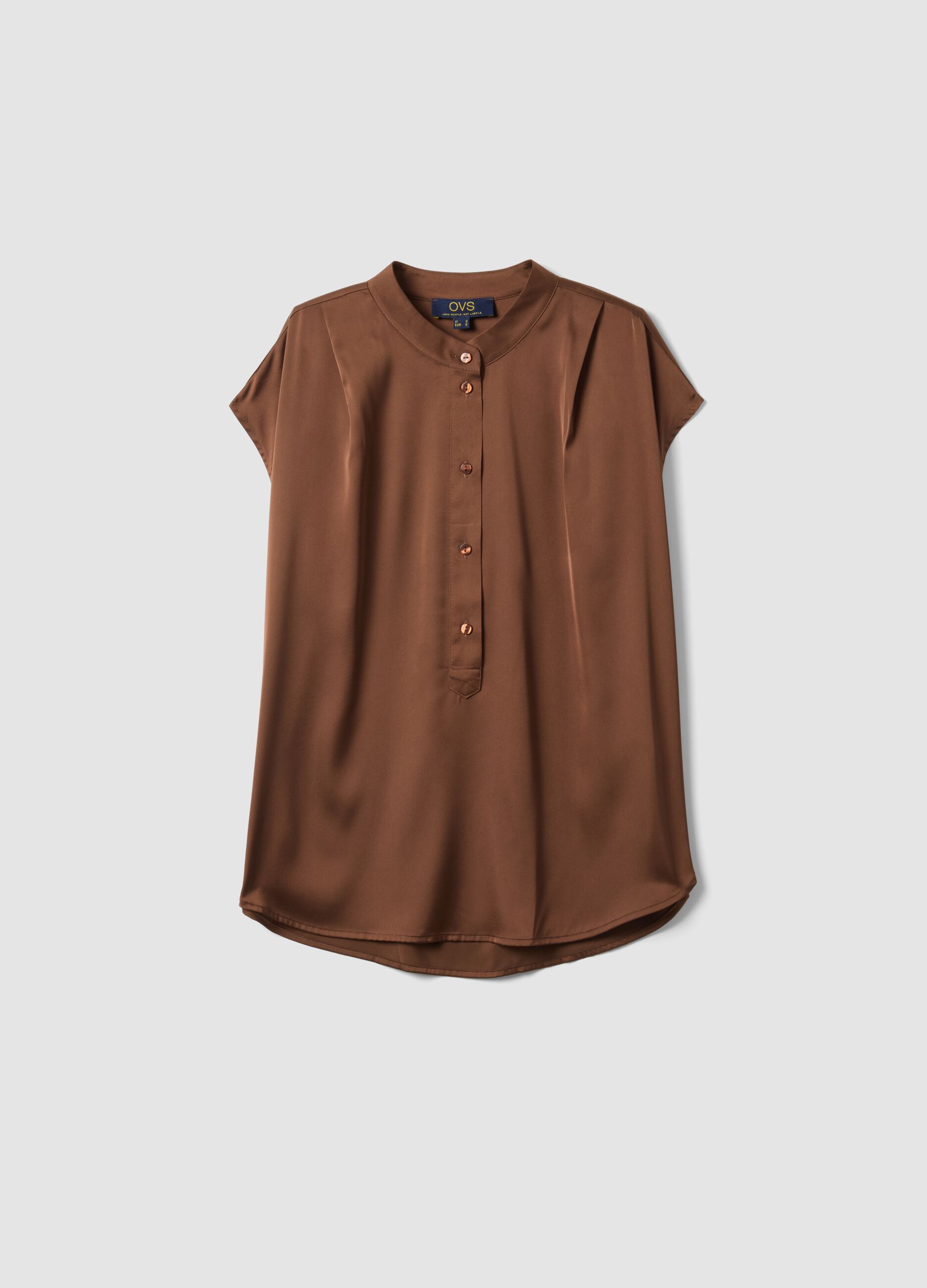 Brown short-sleeve blouse regular fit with mandarin collar