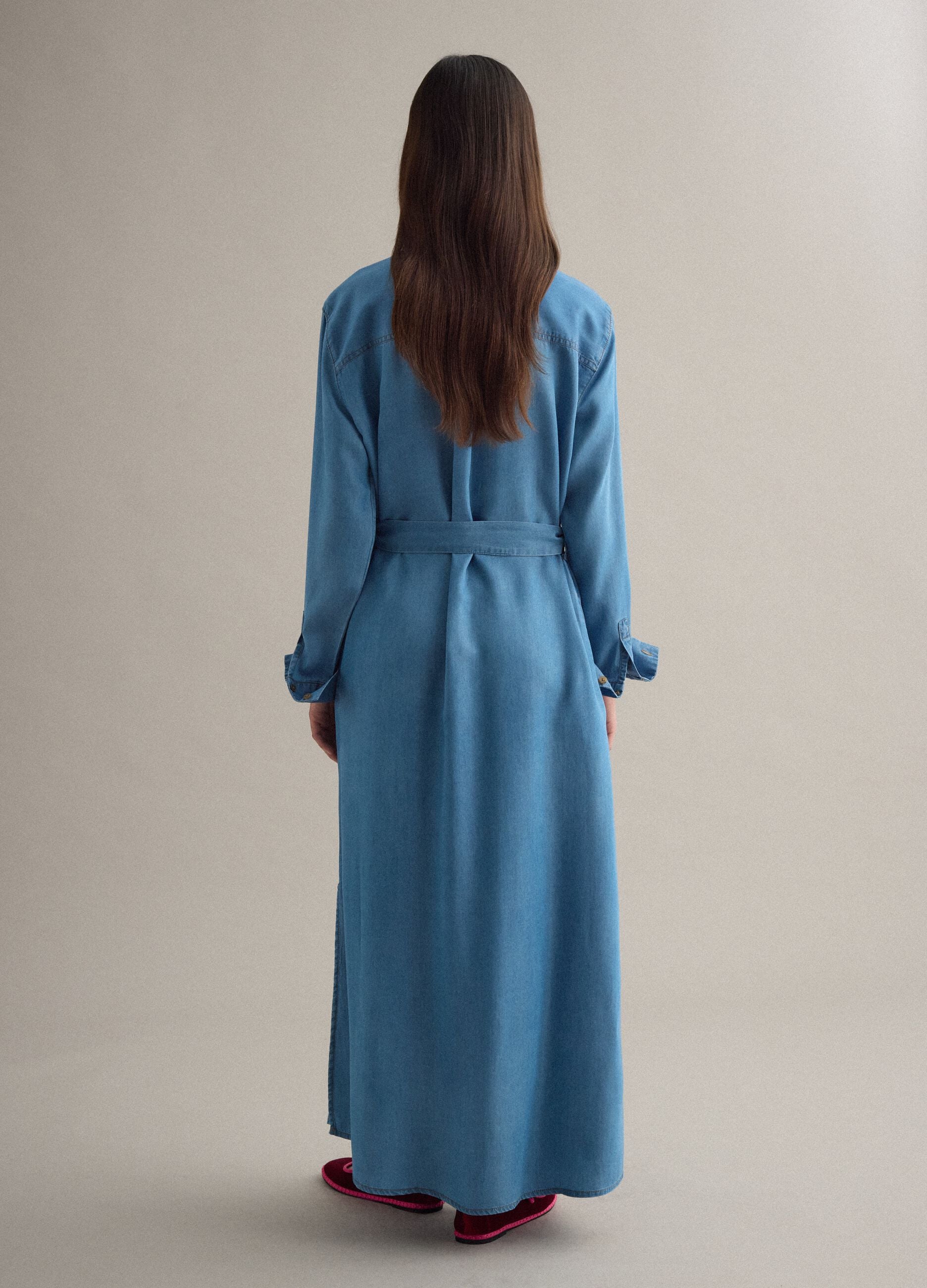 Long dress in pure blue lyocell denim regular fit with belt