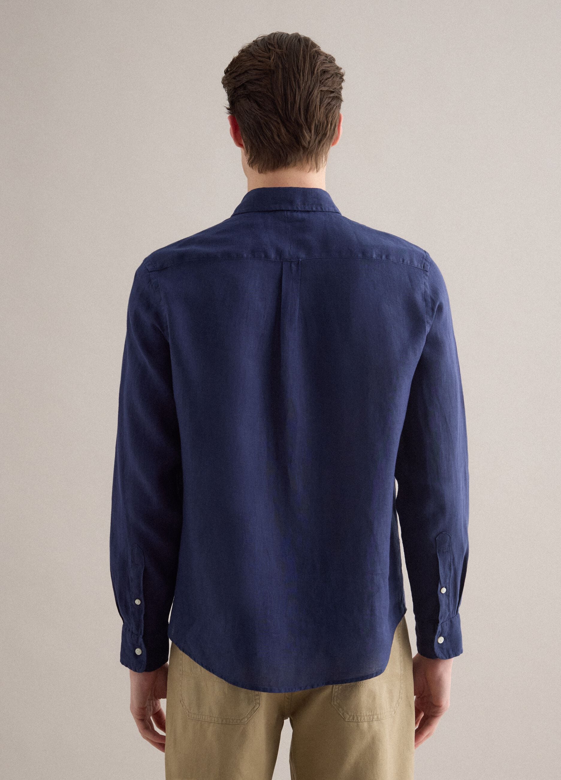 Regular Fit Long-Sleeve Pure Linen Blue Shirt