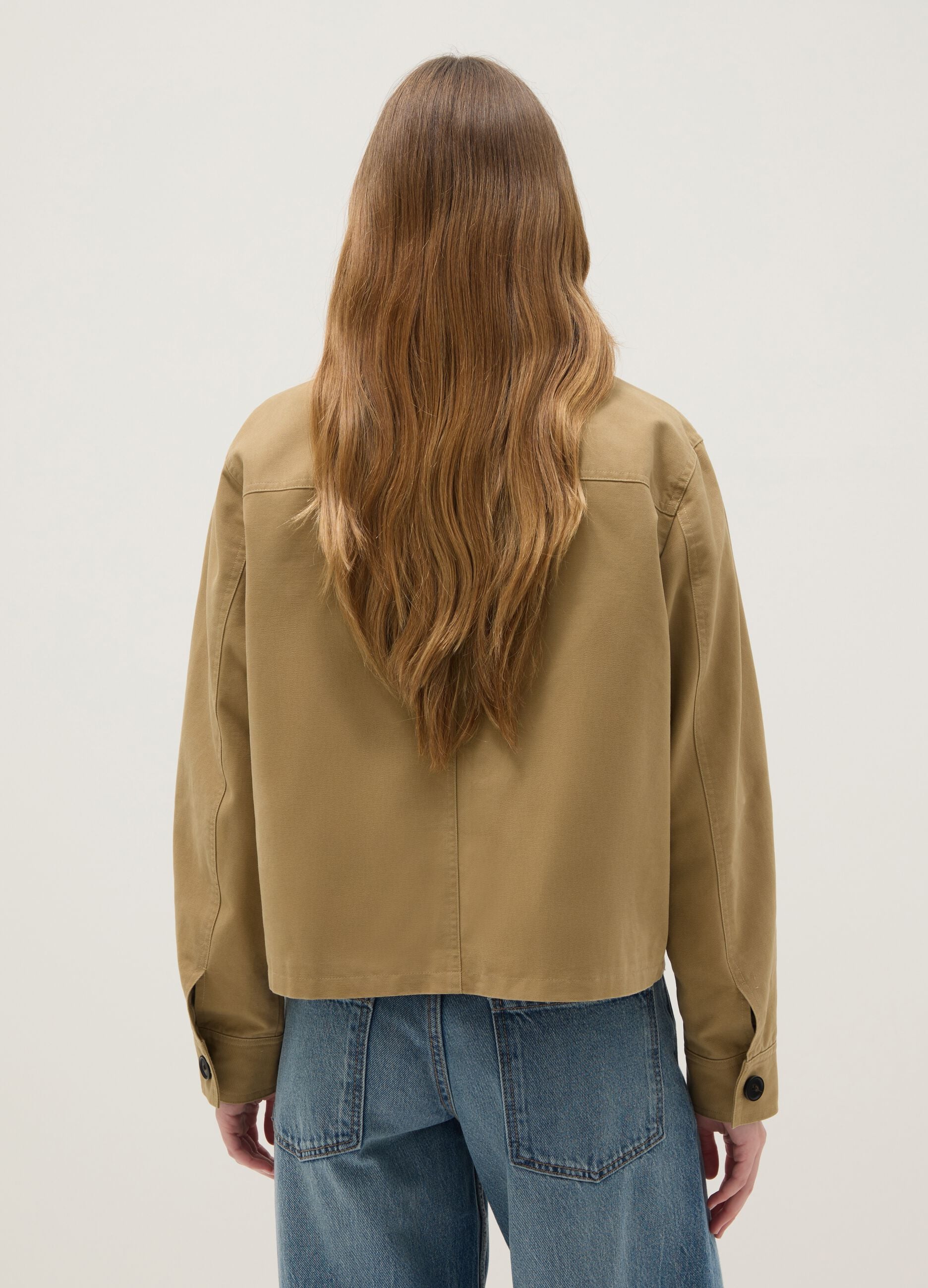 Regular fit beige pure cotton jacket with contrast collar