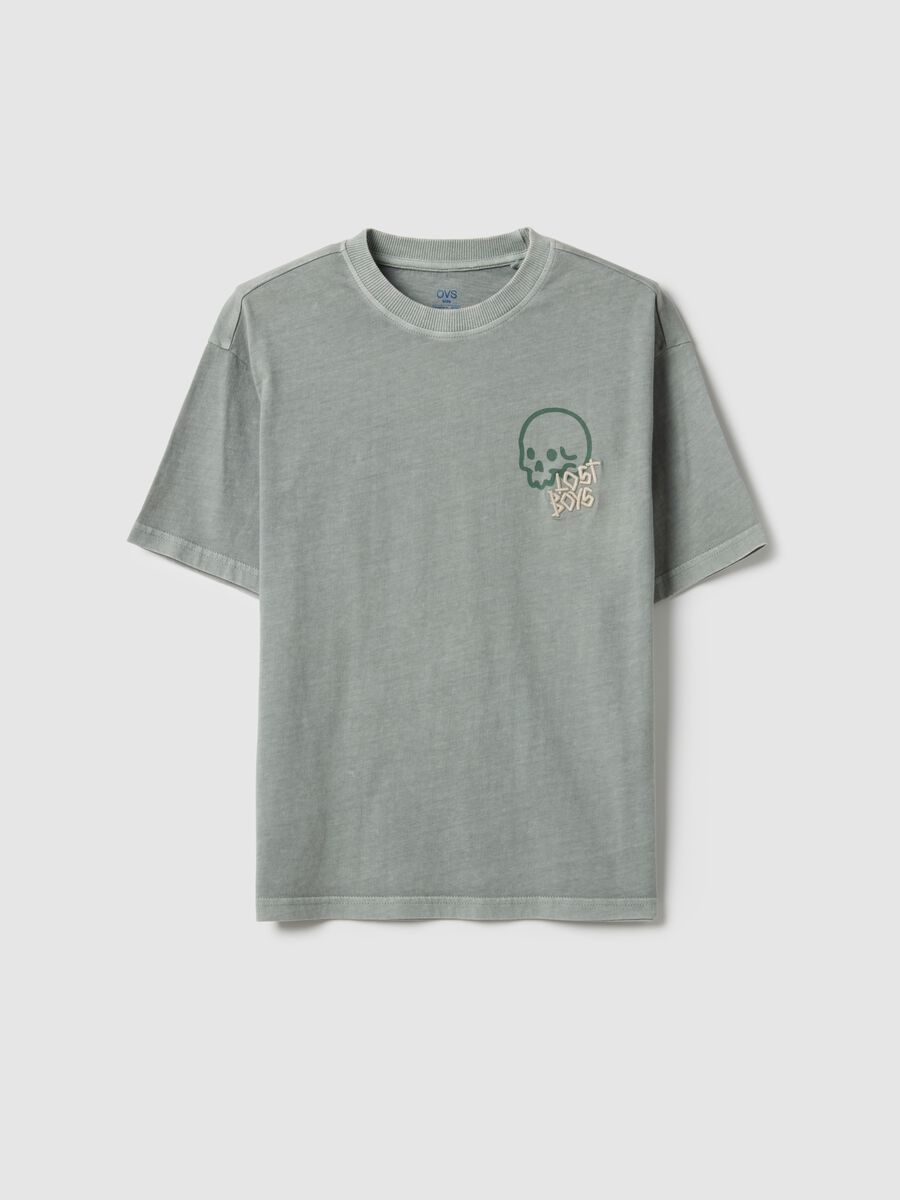 Boys' Green Pure Cotton Oversized Fit T-shirt with Skull_3