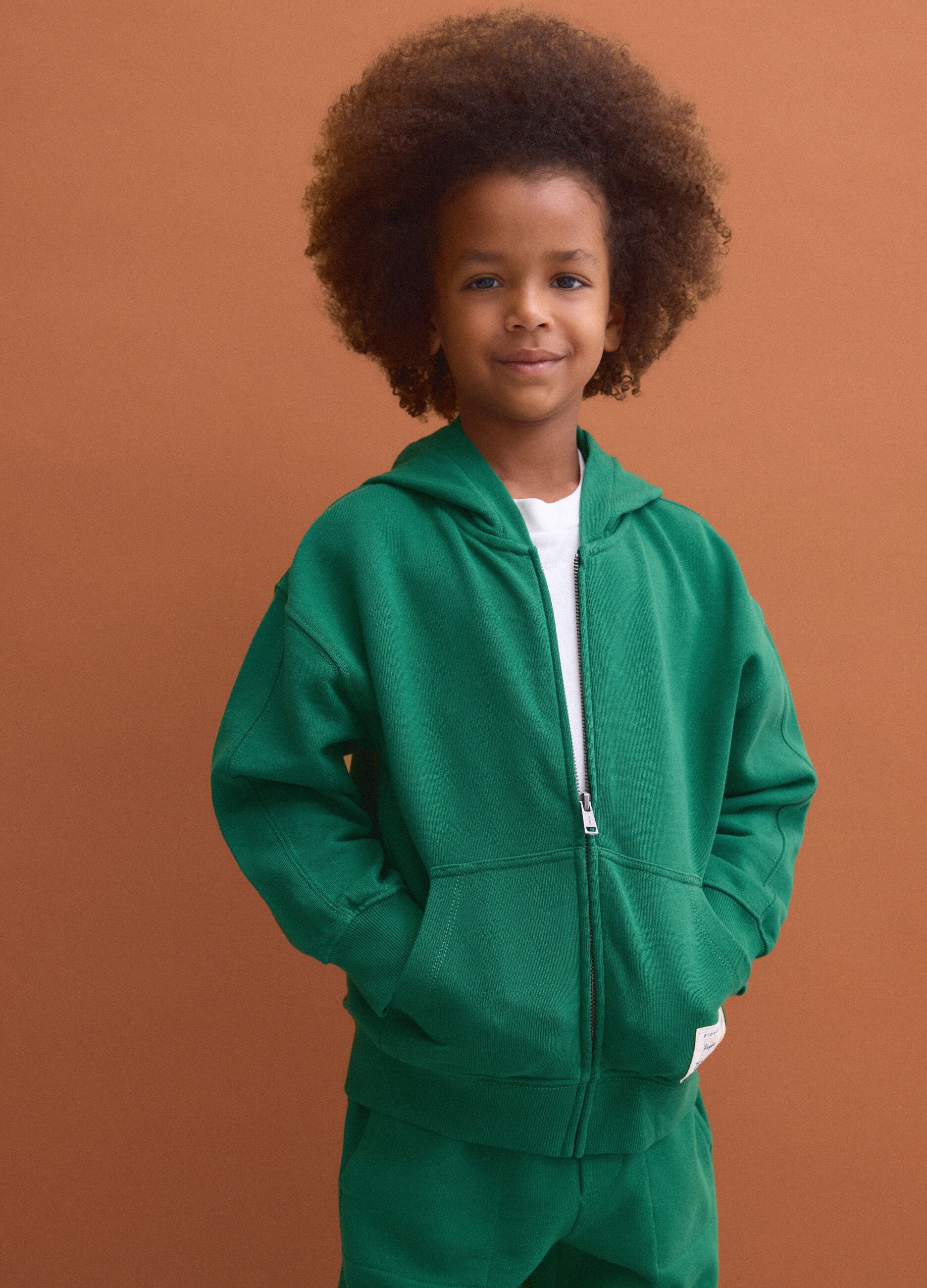Green pure cotton hoodie, regular fit, for boys