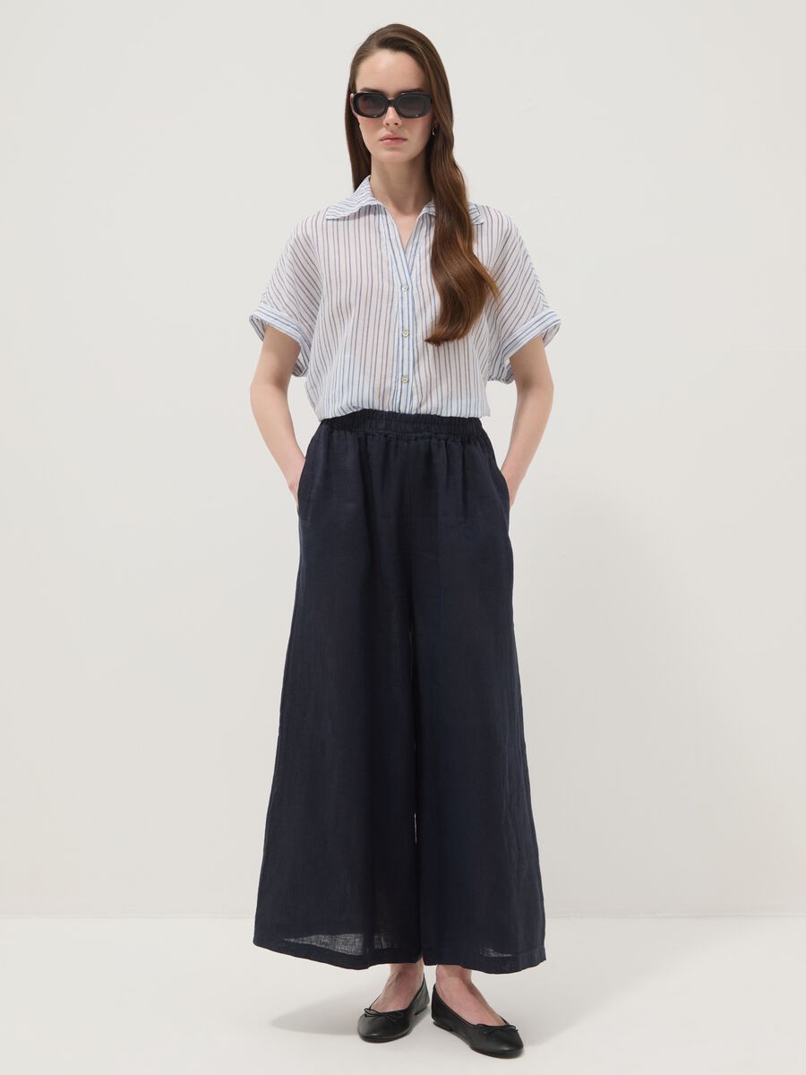 Blue pure linen wide-leg trousers, regular fit_0