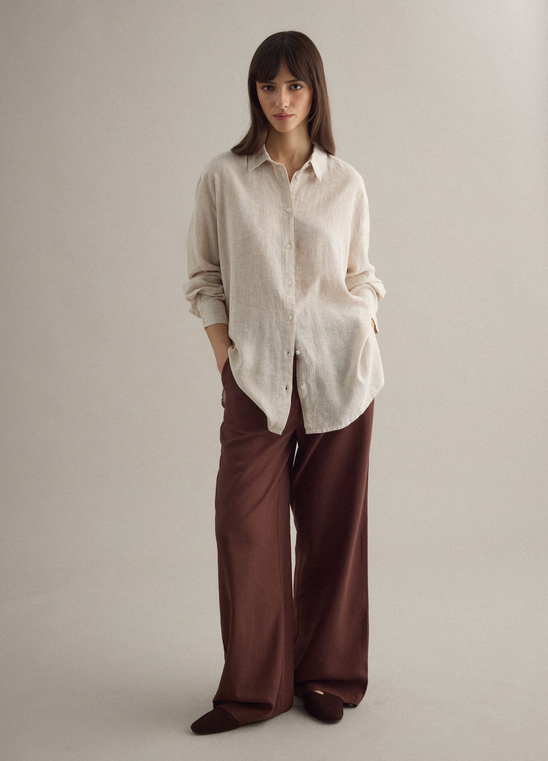 Multicoloured striped linen blend shirt with regular fit