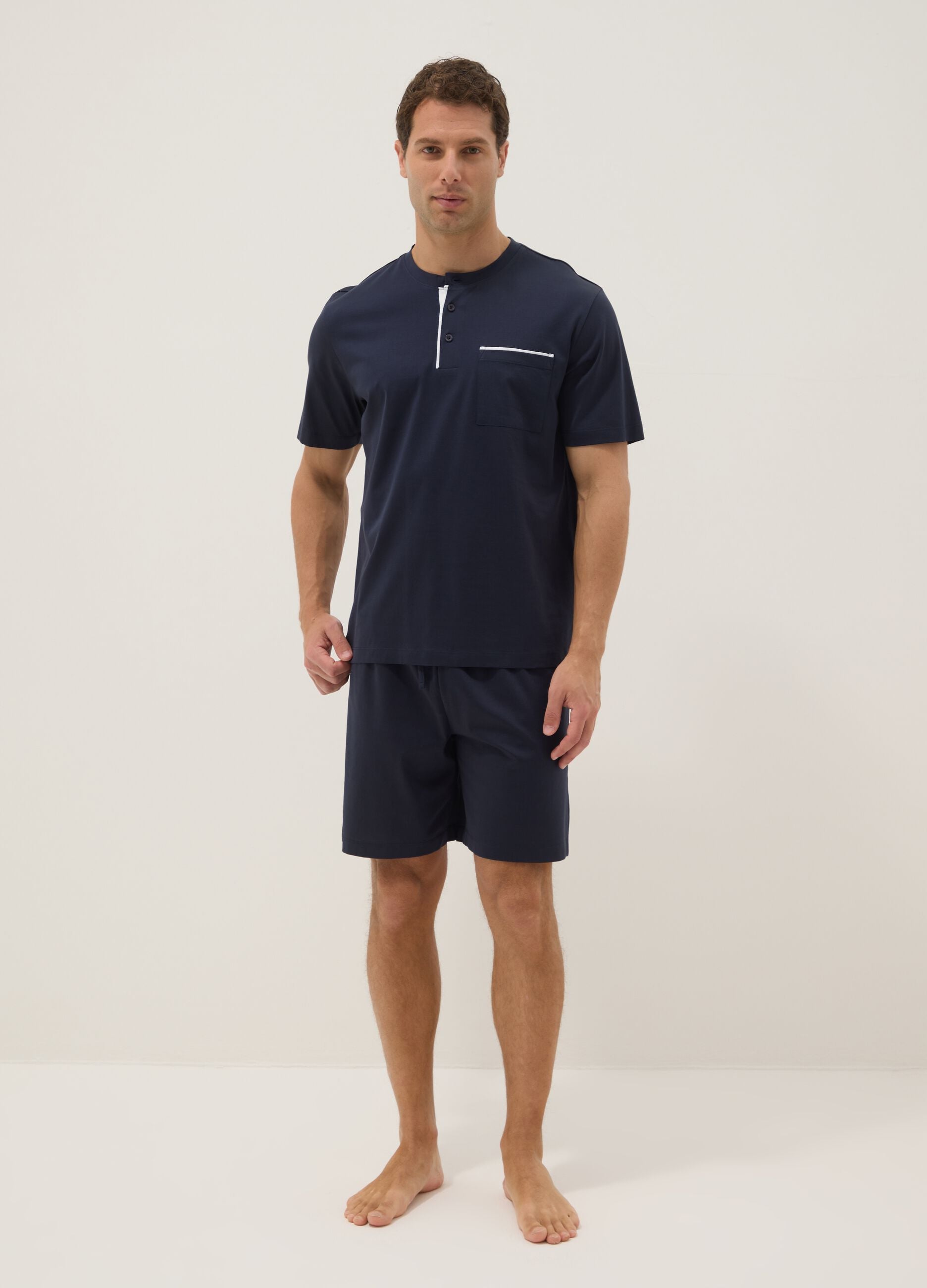 Regular fit short blue cotton pyjamas with Henley collar