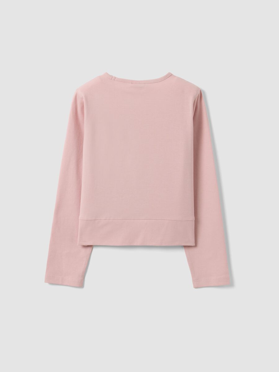 T-shirt rosa in cotone elasticizzato con nodo frontale e stampa per bambina_1