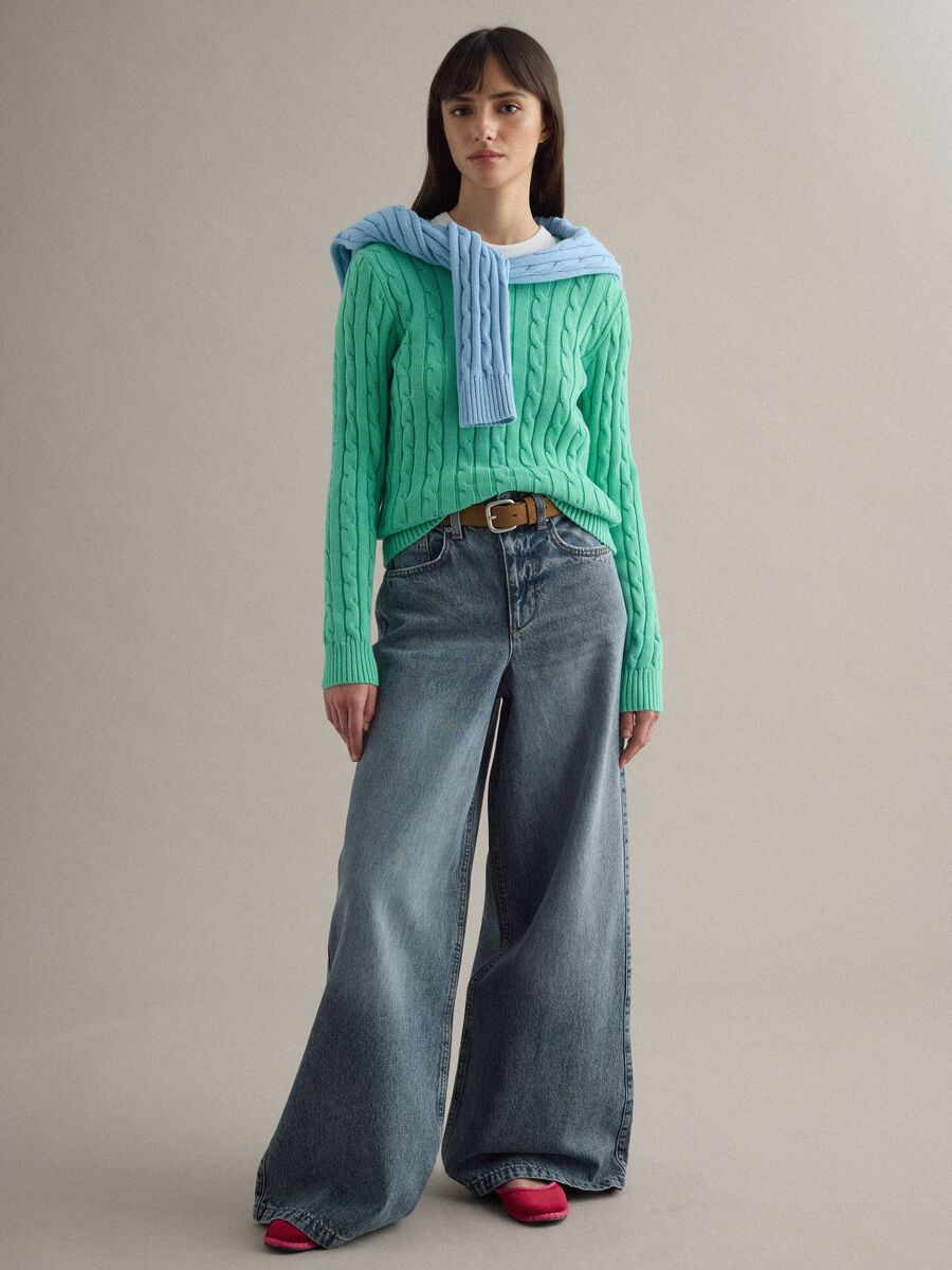 Green pure cotton regular fit sweater with cable knit_2