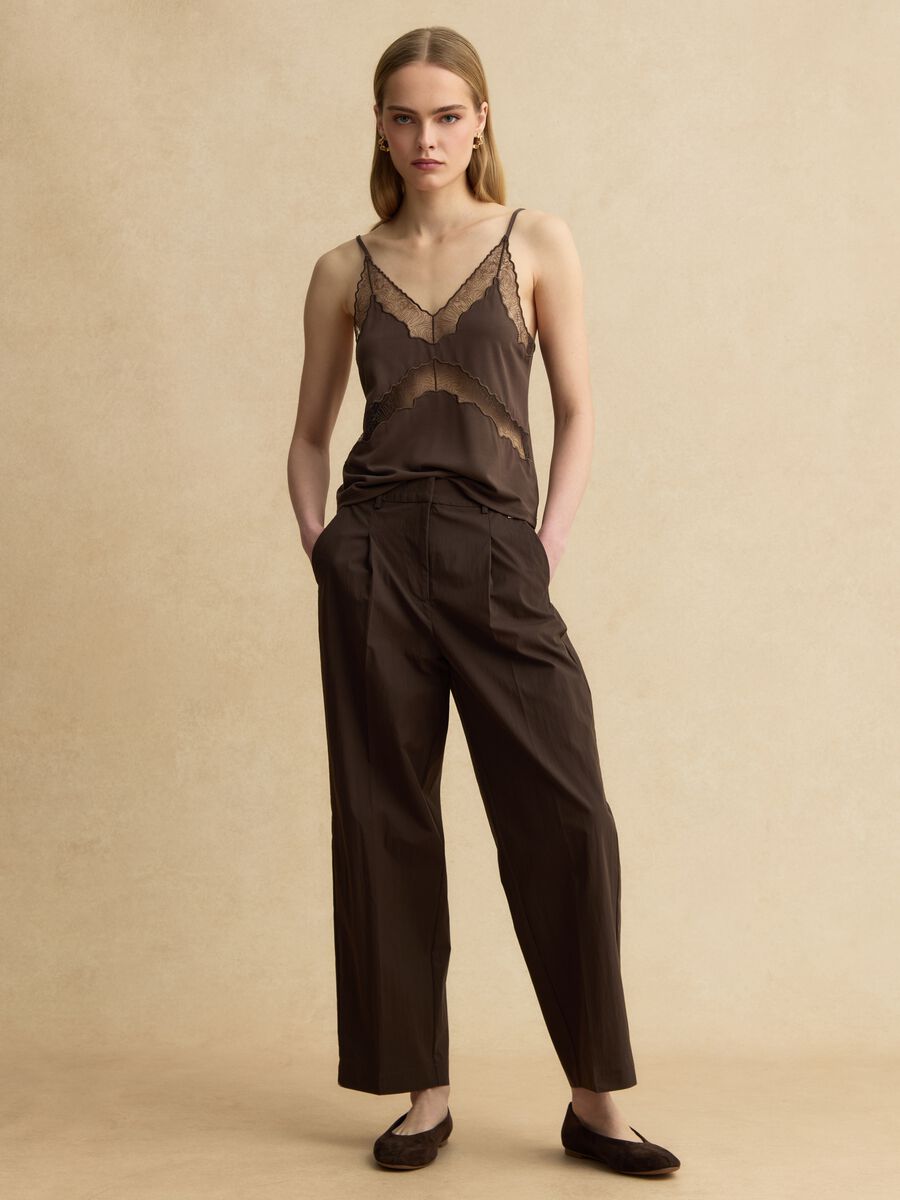 Brown cotton blend straight fit trousers_0