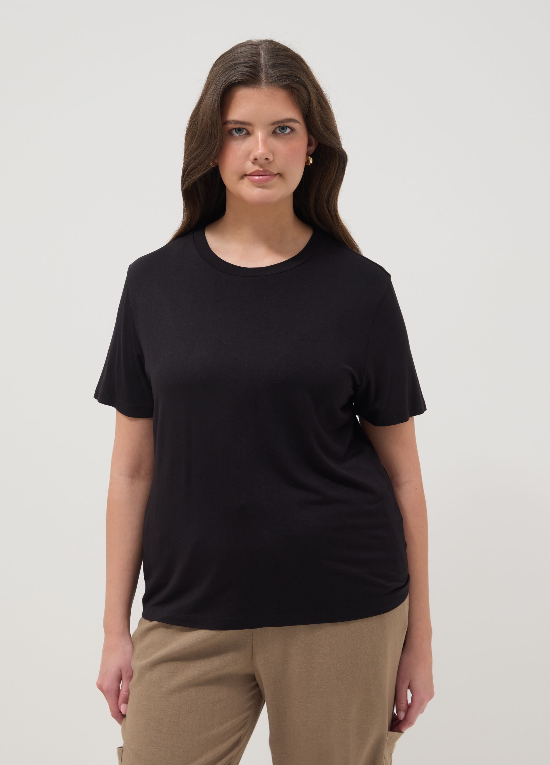 Black stretch viscose regular fit t-shirt with drawstring closure