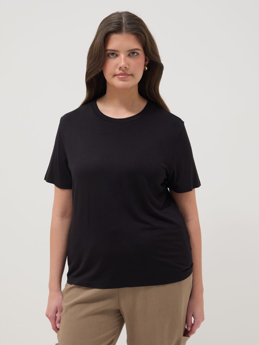 Black stretch viscose regular fit t-shirt with drawstring closure_0