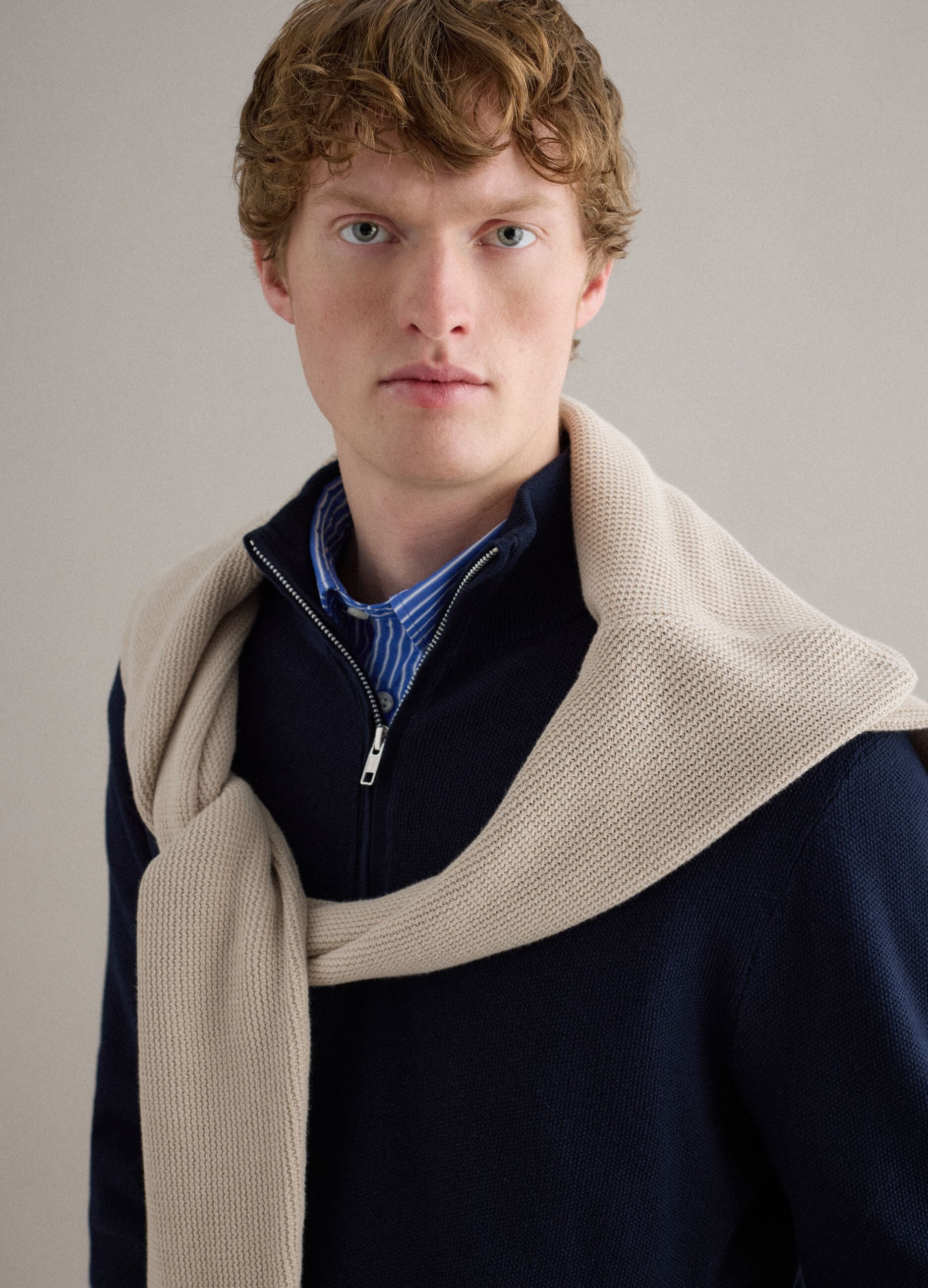 Pure cotton blue regular fit sweater with high neck and zip