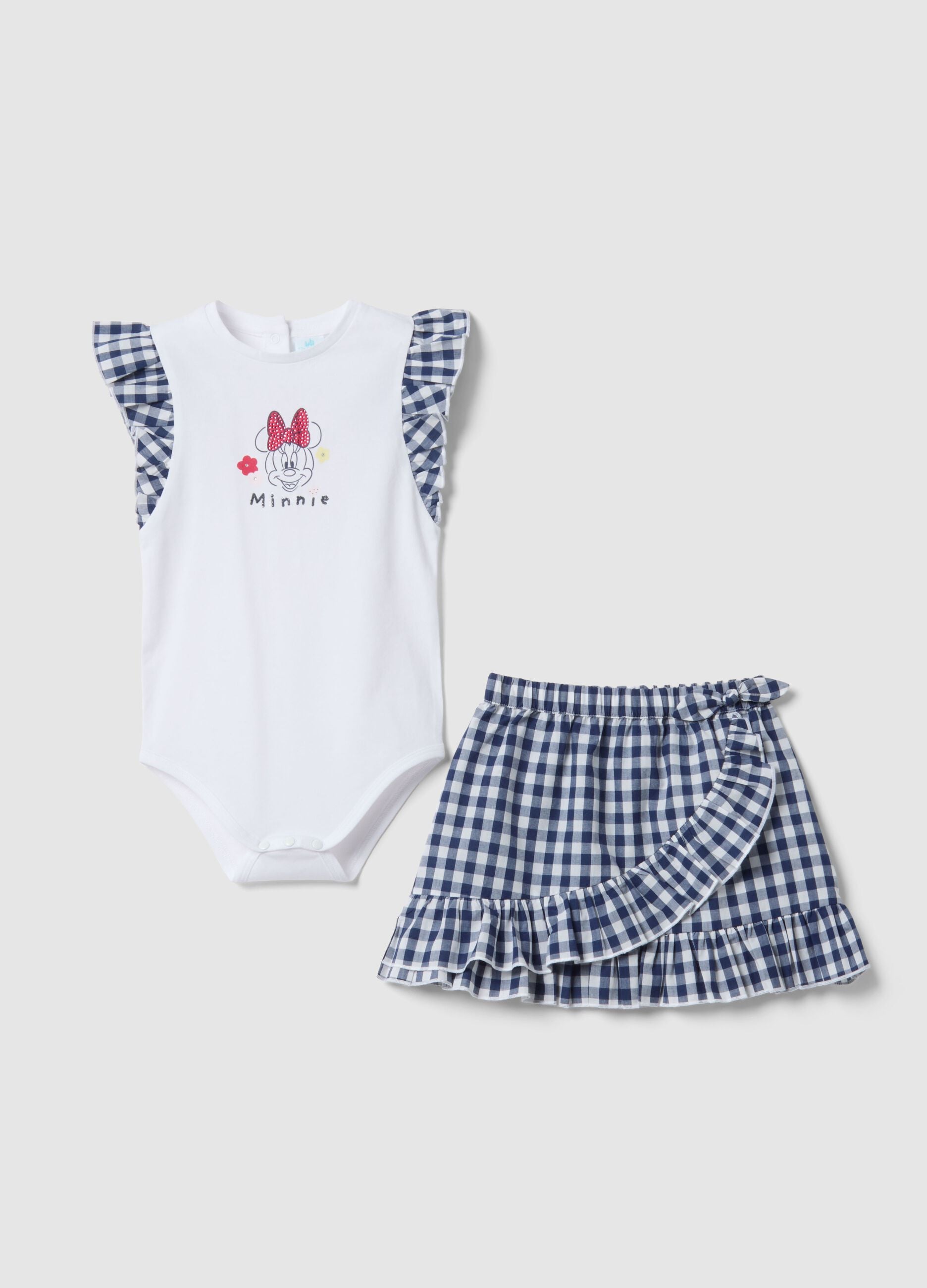 Multicolour checked stretch cotton set for girls with Minnie