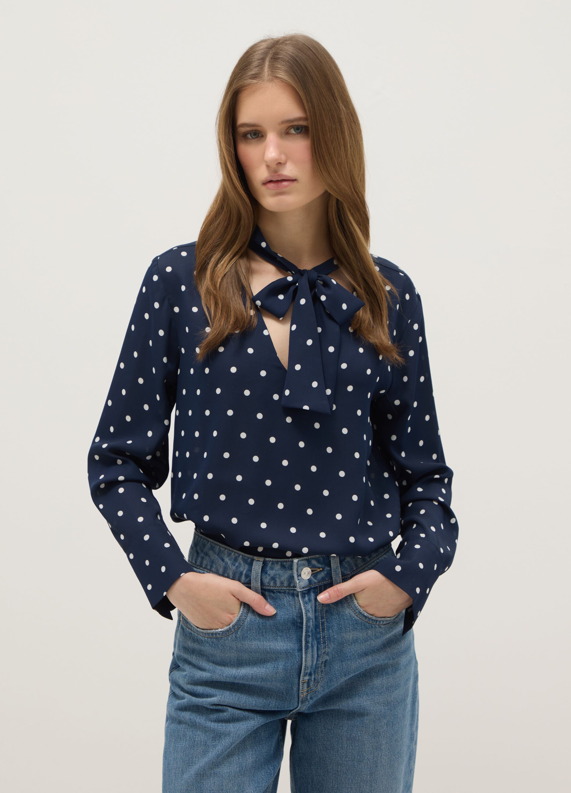 Blue Polka Dot Crepe Blouse