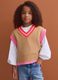 Brown cotton-blend V-neck gilet with contrast trim for girls_1