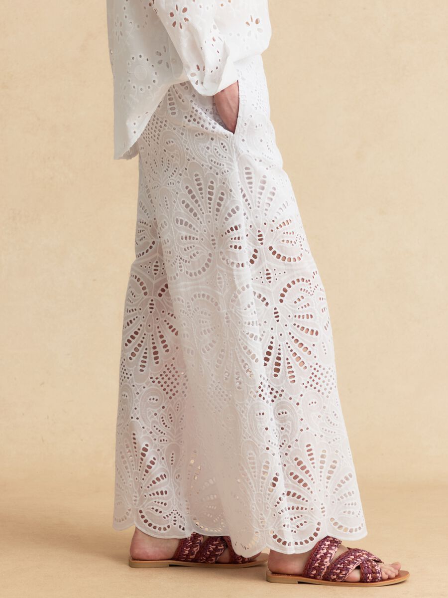 White pure cotton broderie anglaise palazzo trousers_3