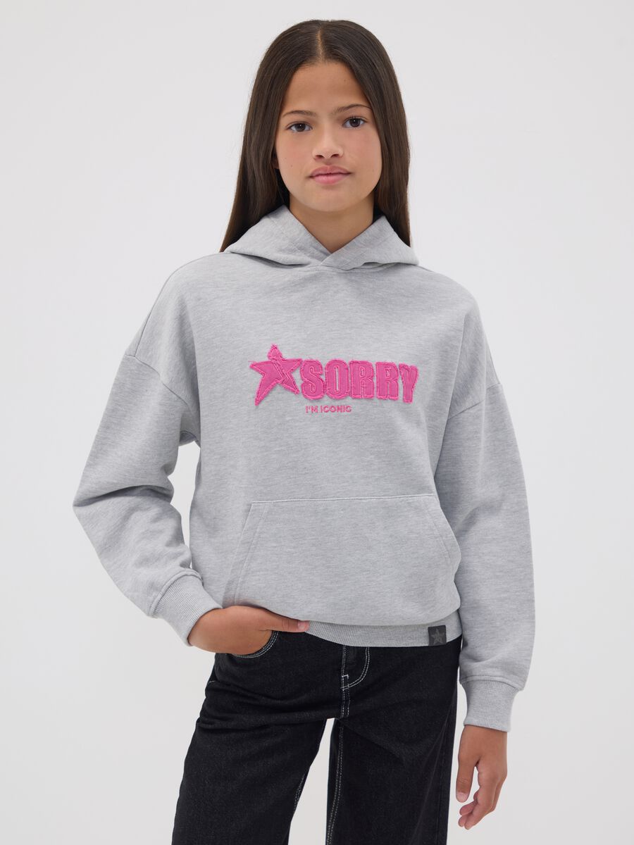 Grey oversized hooded sweatshirt in cotton blend with &ldquo;Sorry&rdquo; embroidery for girls_0