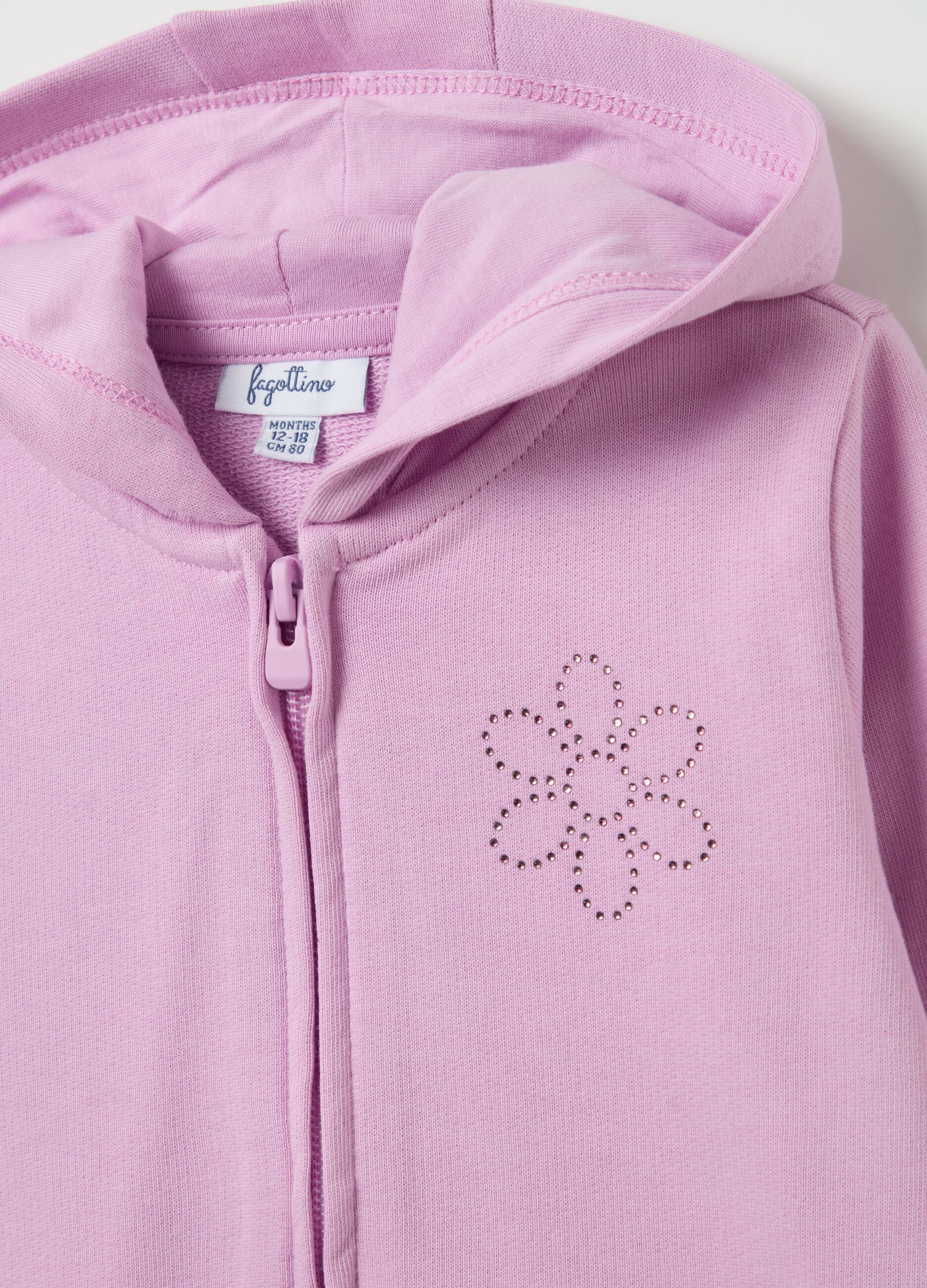Full-zip sweatshirt in French terry with hood and diamant&eacute;s