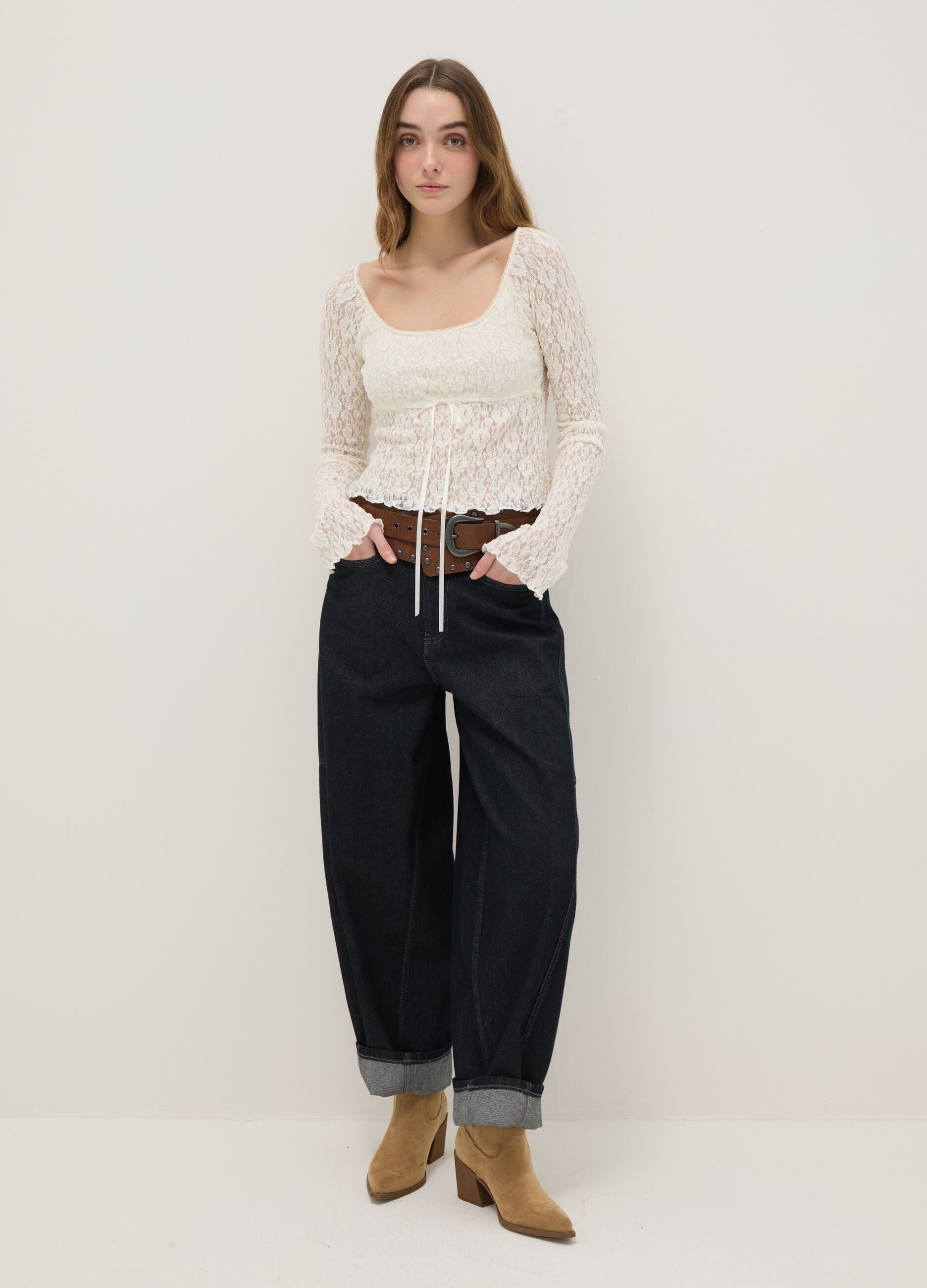 White long-sleeve top with lace