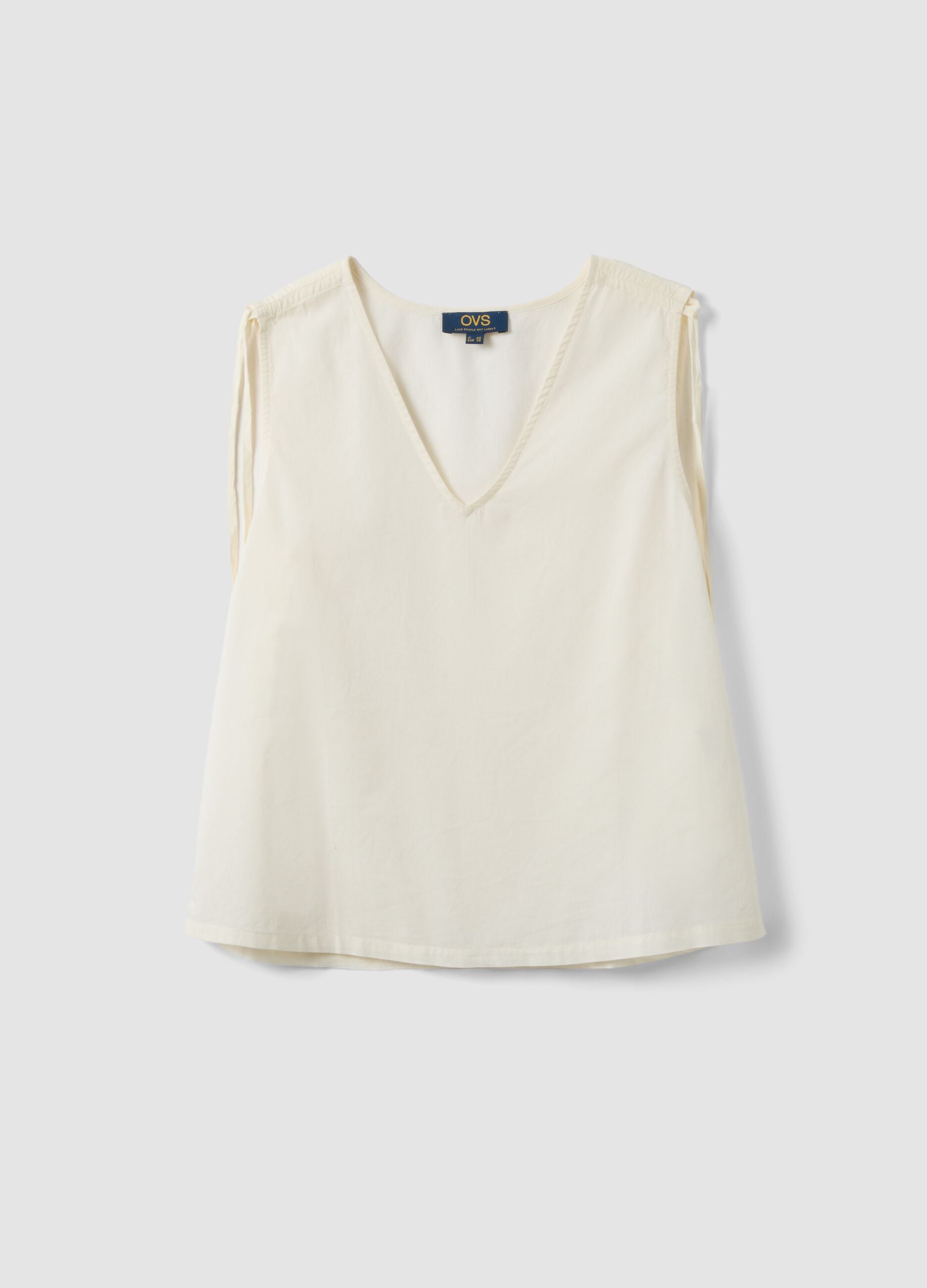 White pure cotton V-neck blouse, regular fit