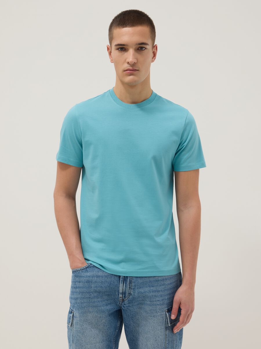 Short-sleeved pure cotton blue regular fit T-shirt_0