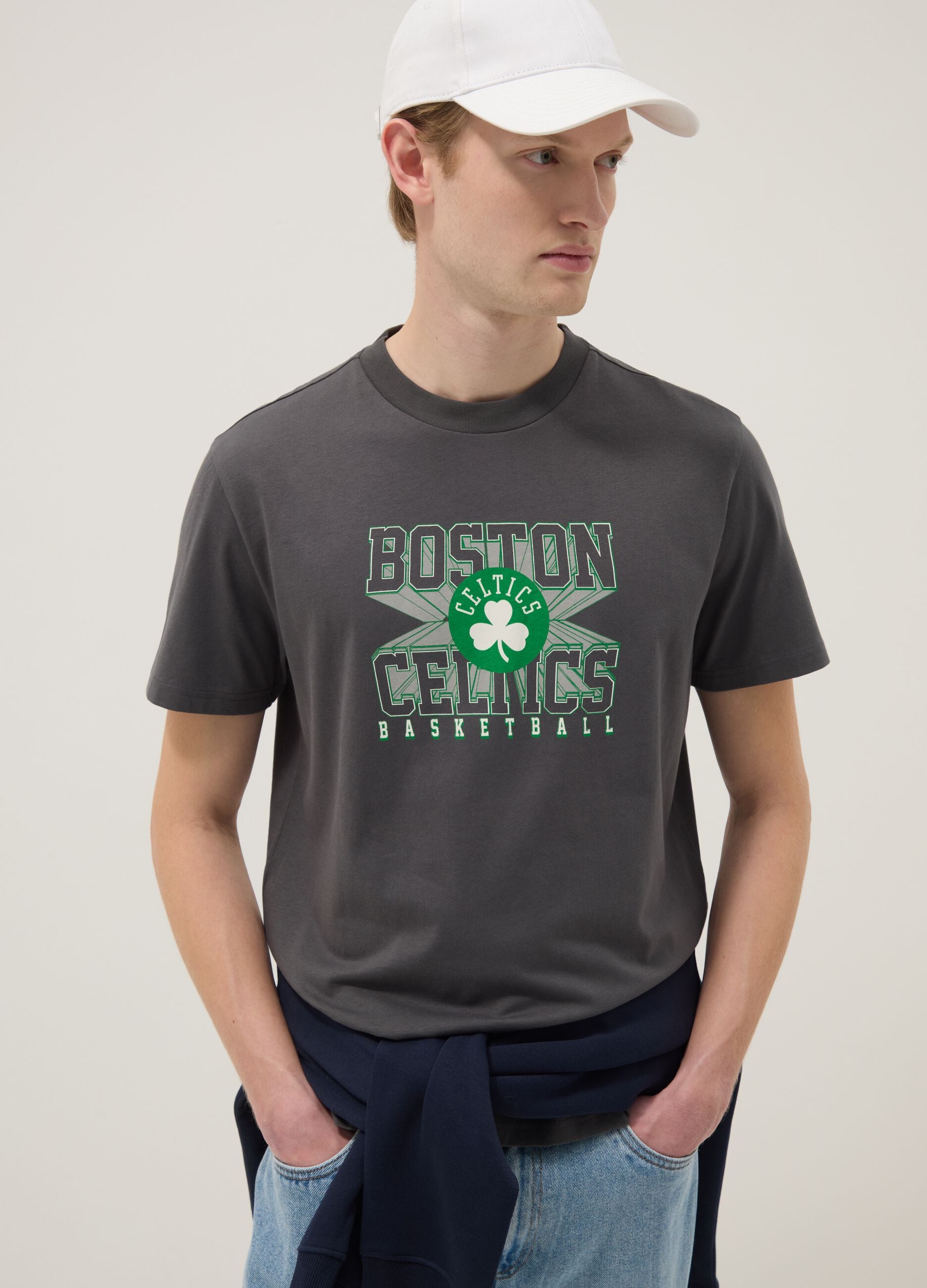 Grey pure cotton T-shirt regular fit with Boston Celtics print