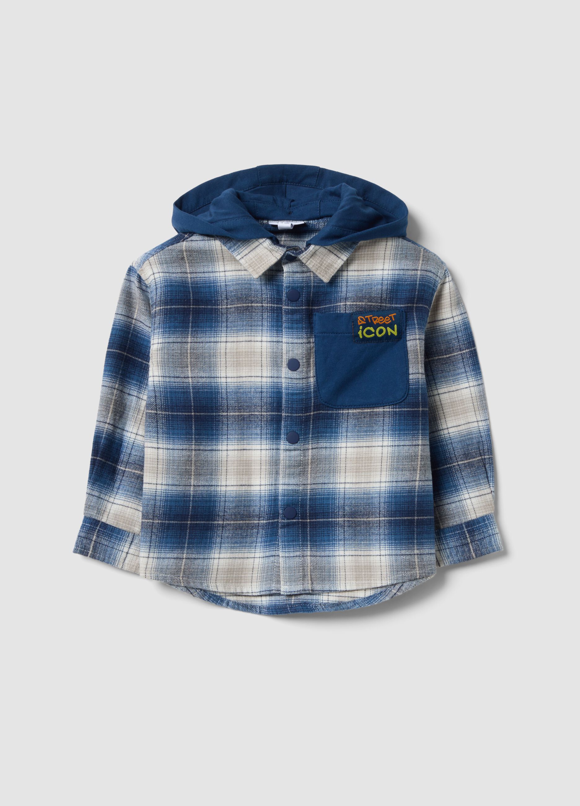 Blue check oversized cotton hooded shirt for baby boy