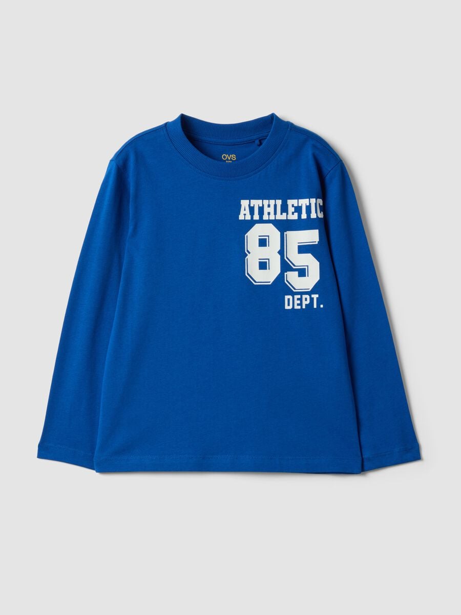Blue organic cotton T-shirt with varsity print for boys_0